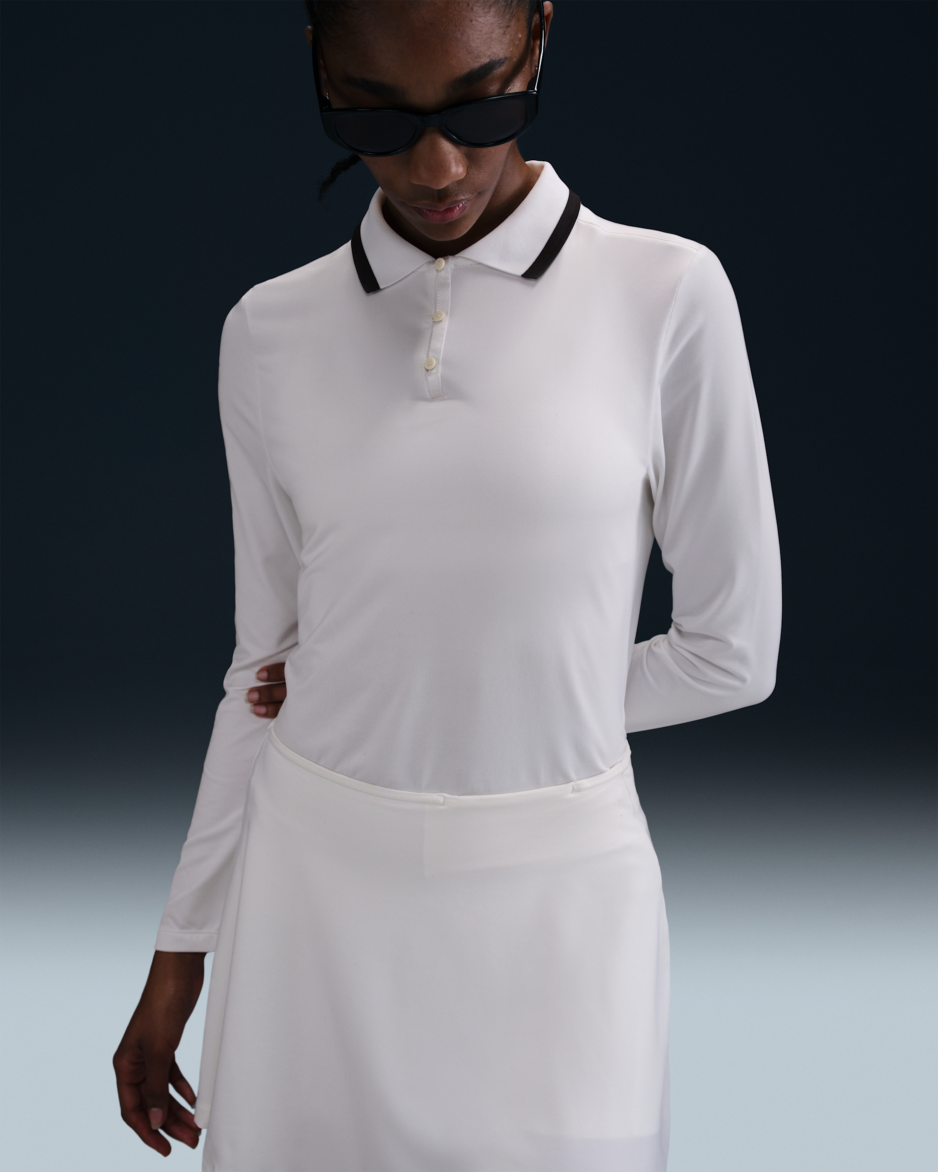 Polo de golf de manga larga Dri-FIT con protección contra los rayos UV para mujer Nike Tour - Blanco/Negro/Negro