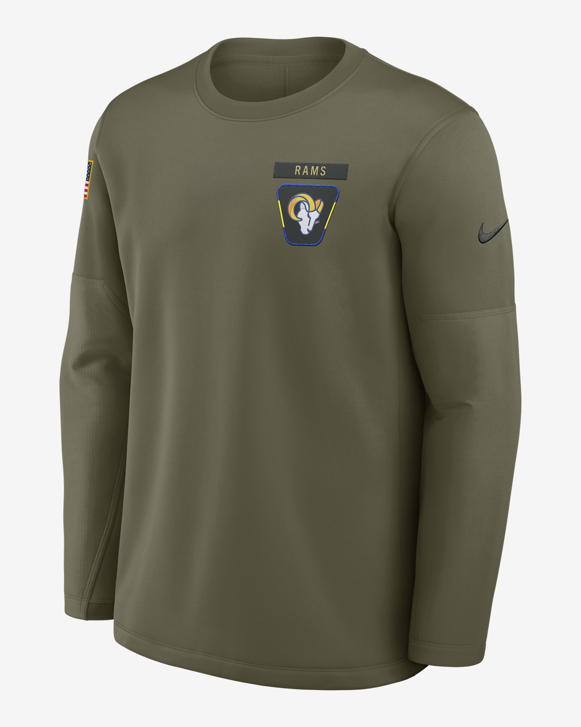 Sudadera de cuello redondo sin cierre Nike de la NFL para hombre Los Angeles Rams Salute to Service Sideline Triumphant Win Coach - Oliva medio