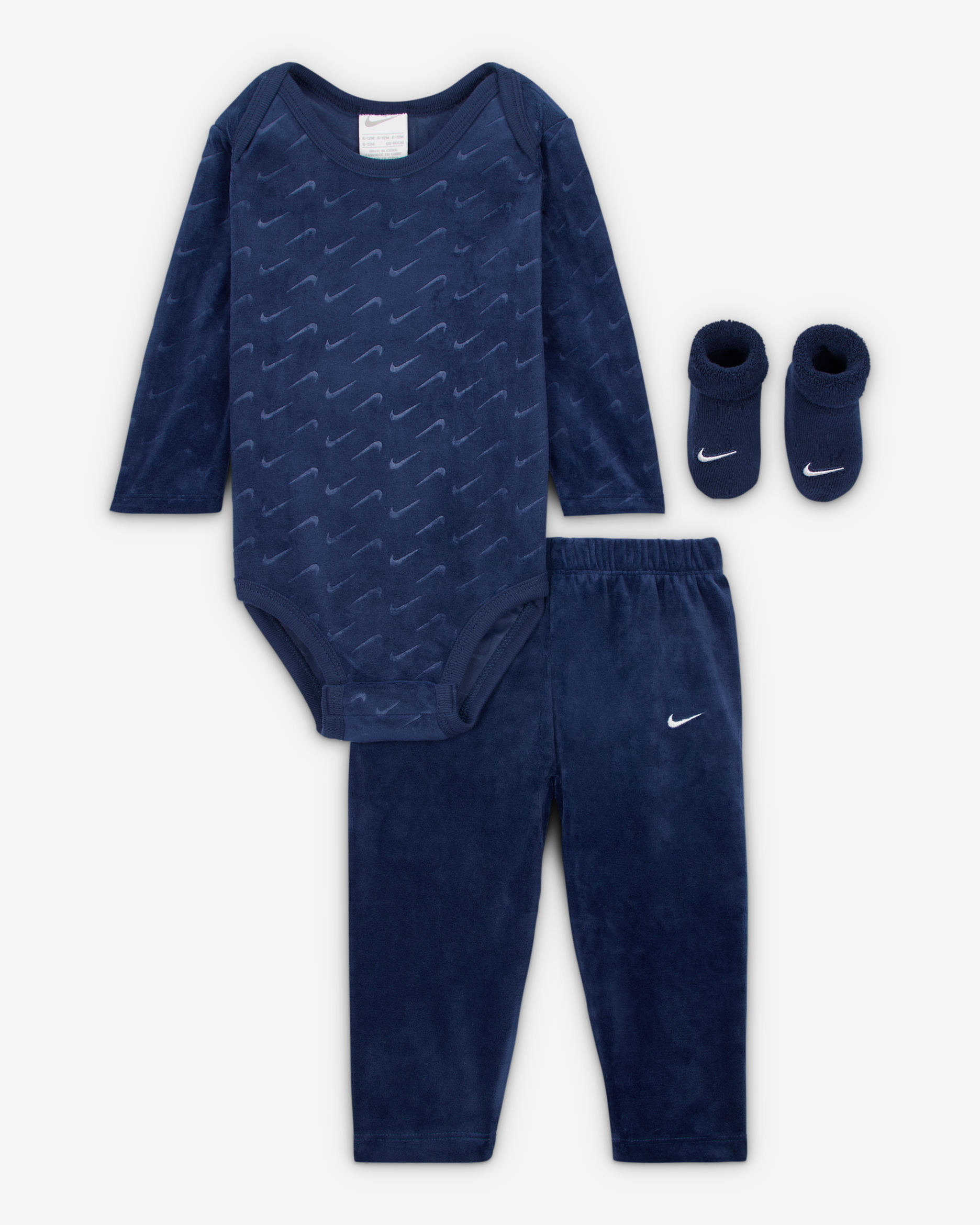 Trzyczęściowy welurowy zestaw z logo Swoosh dla niemowląt (0–9 M) w pudełku Nike - Midnight Navy