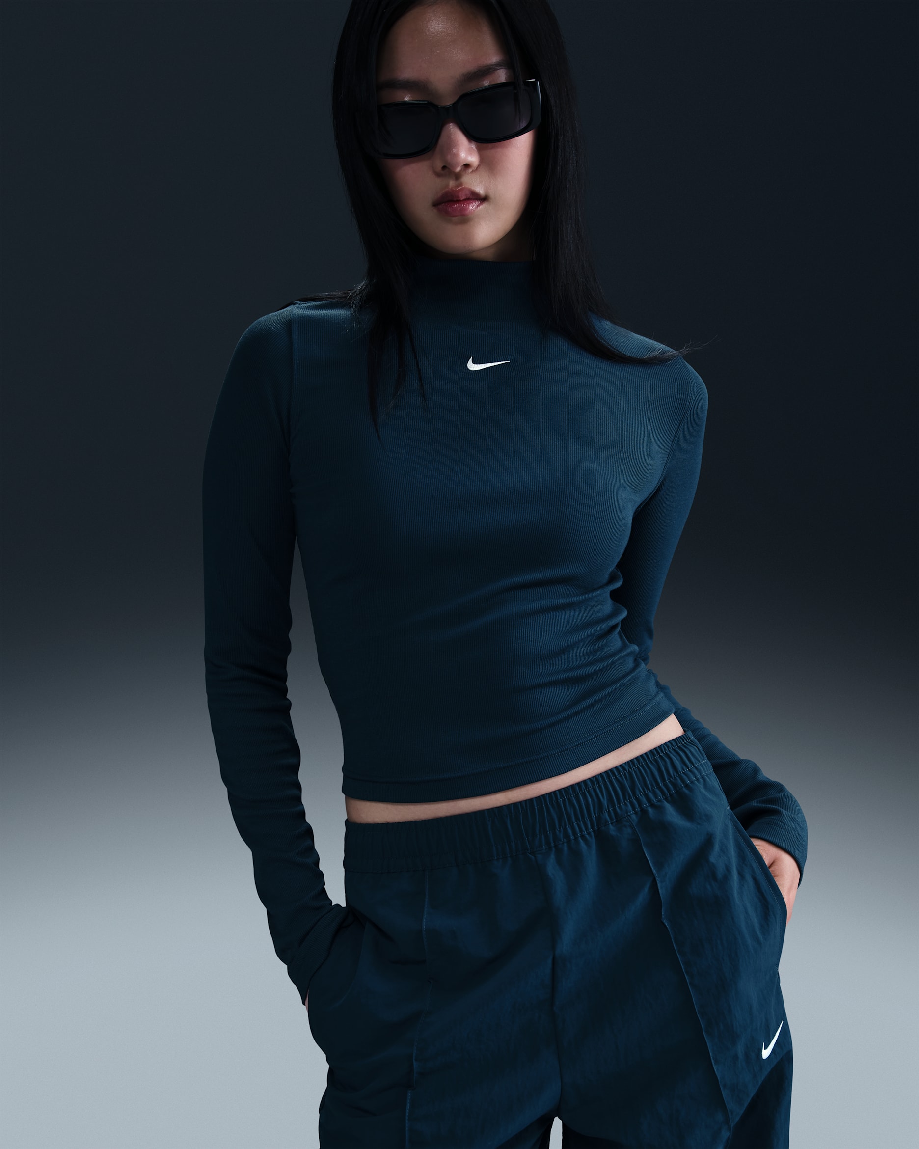 Nike Sportswear Essential Women's Ribbed Mock-Neck Long-Sleeve Top - Armory Navy/Sail