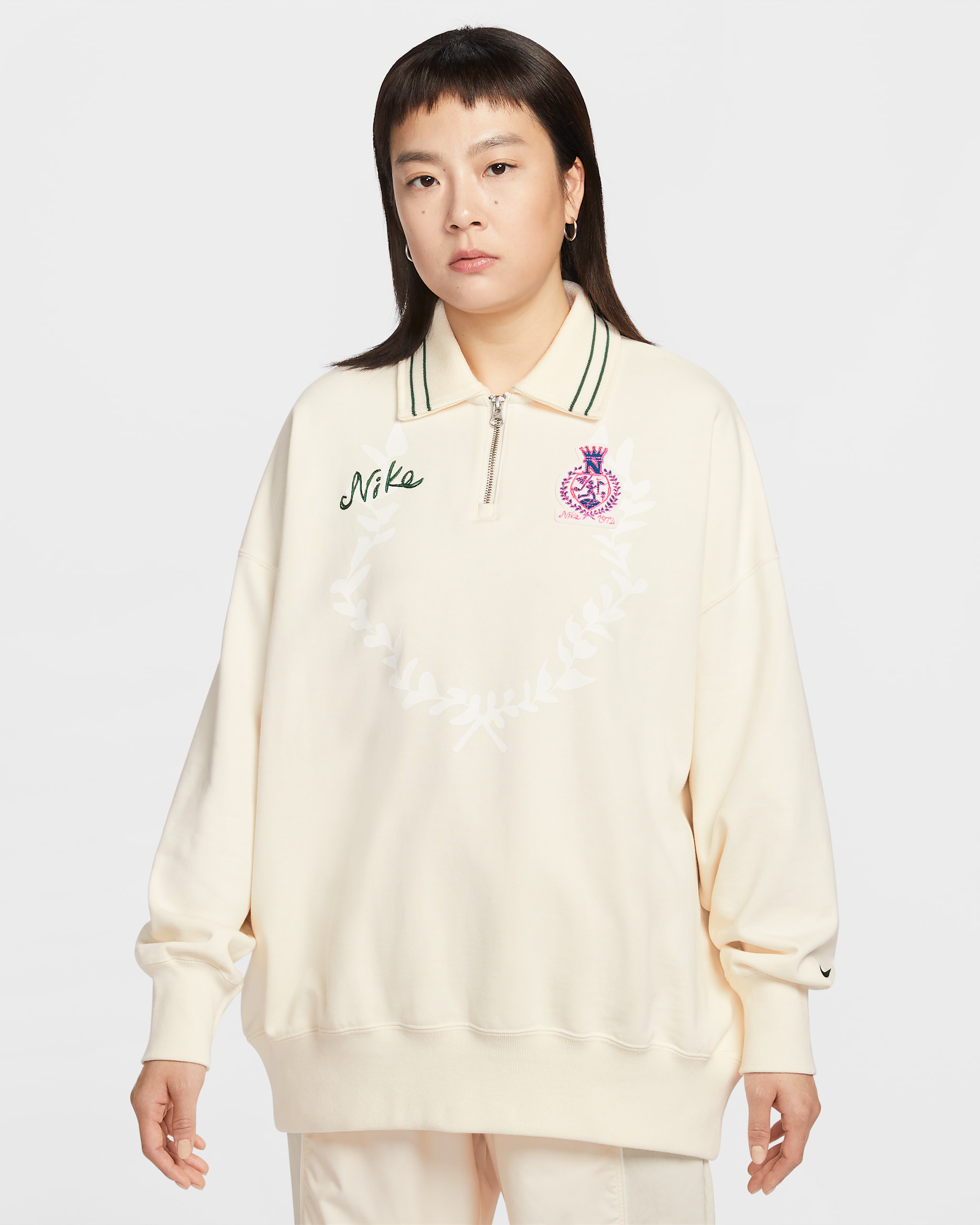 나이키 스포츠웨어 여성 오버사이즈 쿼터집 플리스 폴로 - 페일 아이보리