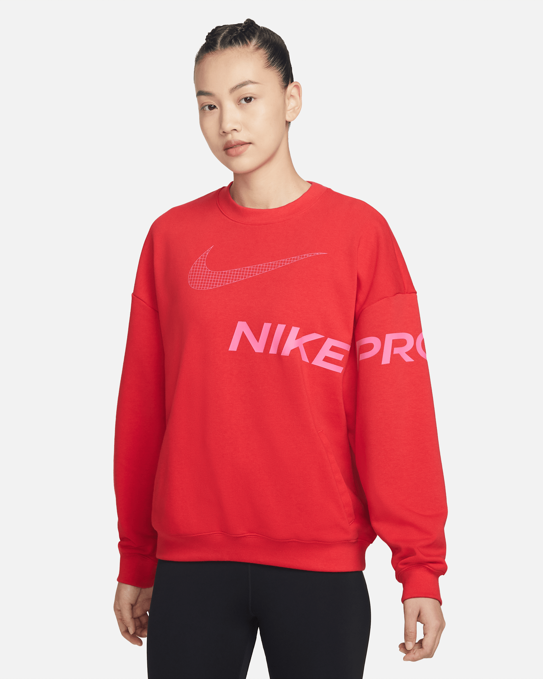 ナイキ Dri-FIT ゲット フィット ウィメンズ フレンチ テリー グラフィック クルーネック スウェットシャツ - ユニバーシティレッド/ジムレッド/ピンクサイクル