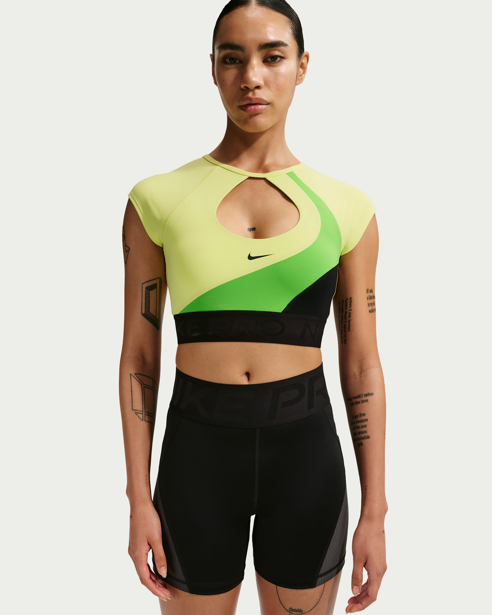 Nike Pro Sculpt Women's Medium-Support Padded Short-Sleeve Sports Bra - Mean Green/Black/Light Lemon Twist/Black