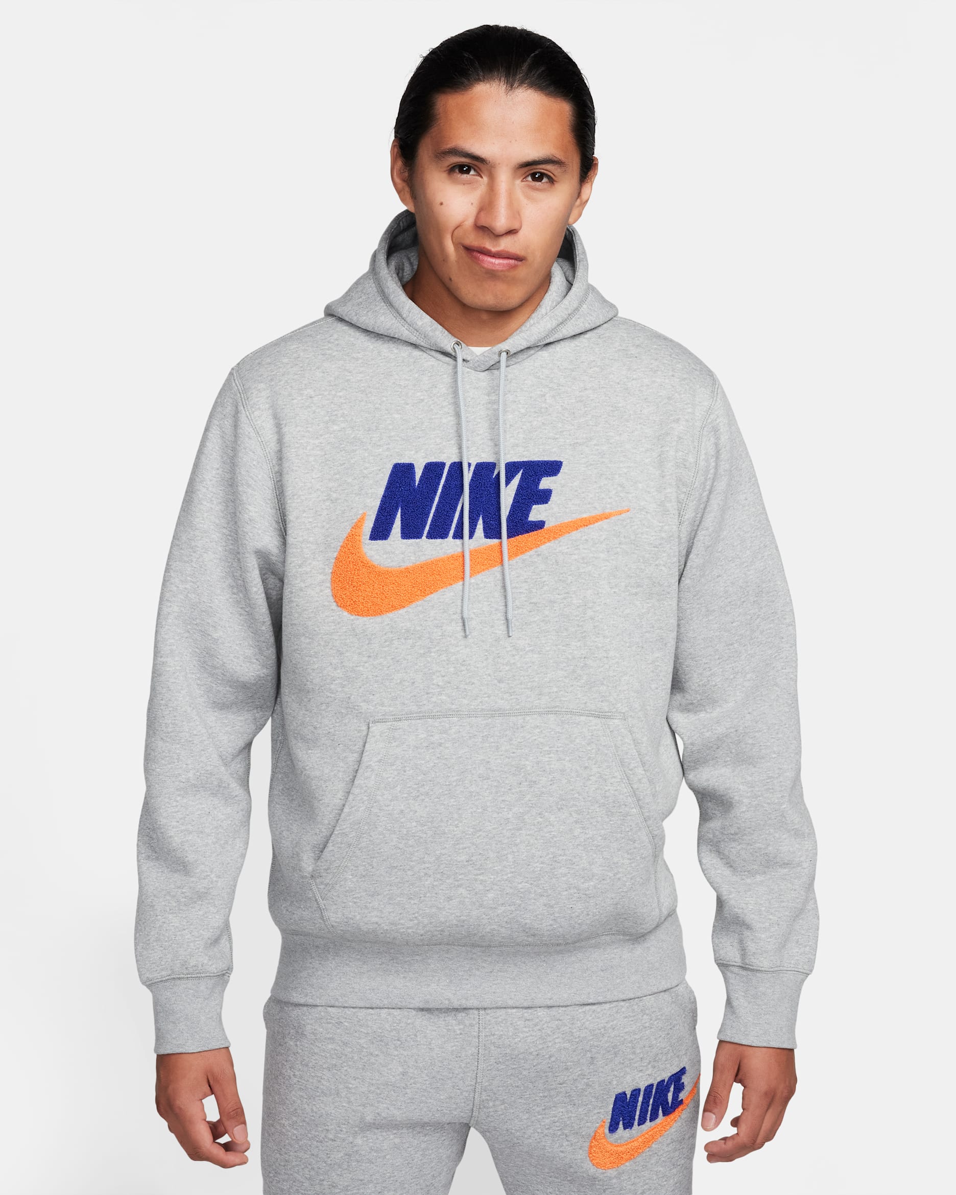 Nike Club Fleece Men's Pullover Hoodie - Dark Grey Heather/Light Smoke Grey/Safety Orange