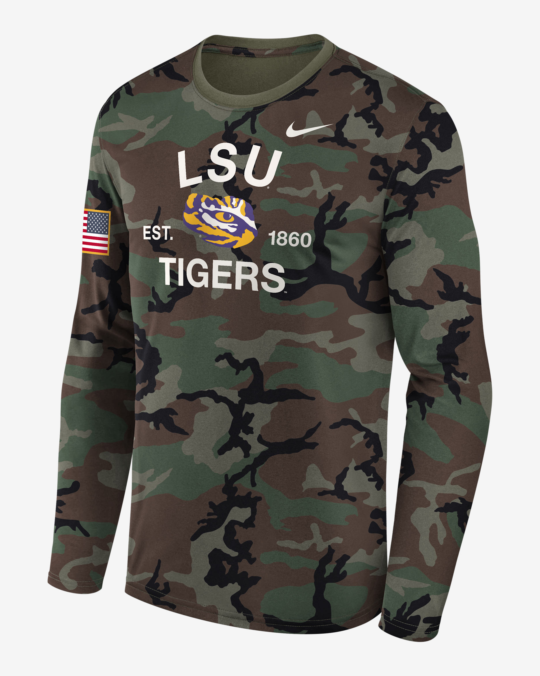 Playera de manga larga universitaria Nike Dri-FIT para hombre LSU 2025 Military Appreciation Legend - Oliva