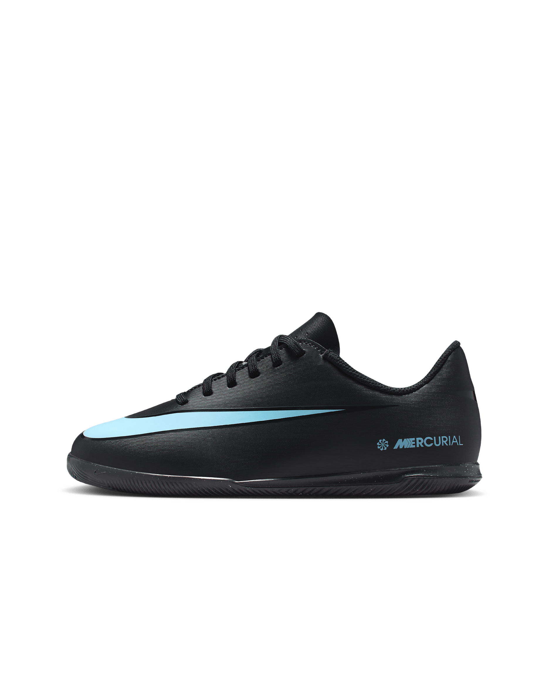 Tacos de fútbol para cancha cubierta de corte low para niños de preescolar y grandes Nike Jr. Mercurial Vapor 16 Club - Negro/Azul hielo