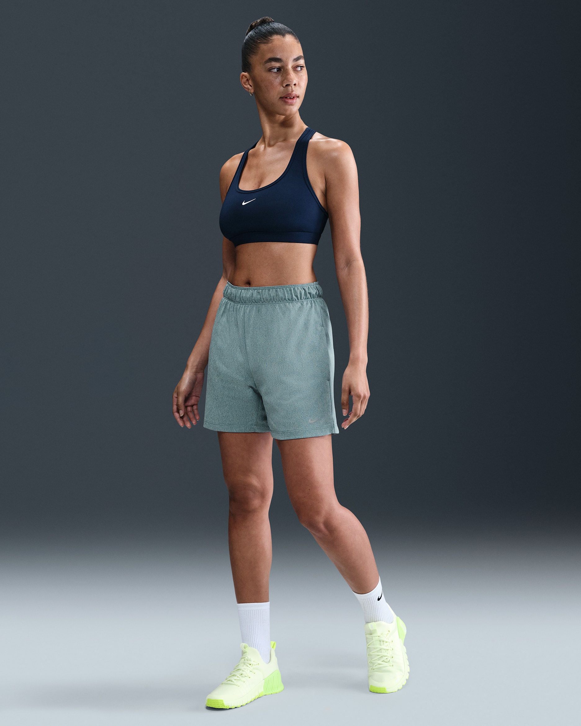 Nike Attack Women's Dri-FIT Fitness Mid-Rise 5" Unlined Shorts - Smokey Blue/Heather/Barely Volt