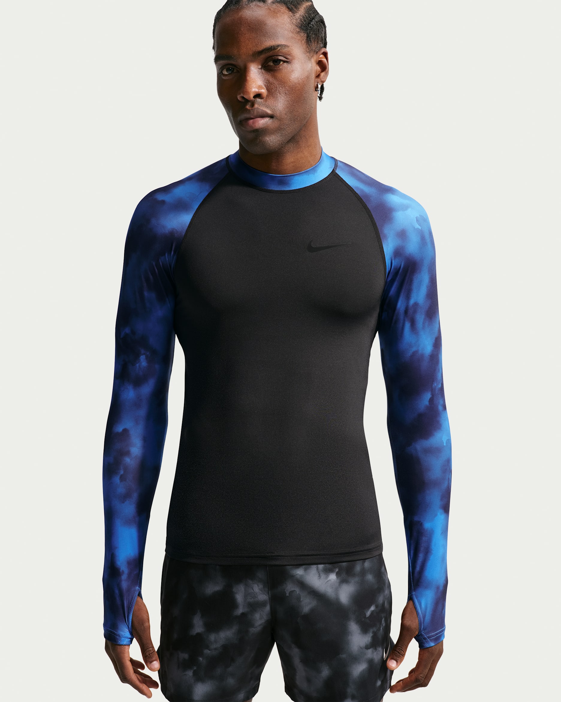 Playera de manga larga rashguard para hombre Nike Swim Whitewater - Negro/Azul marino medianoche/Blanco