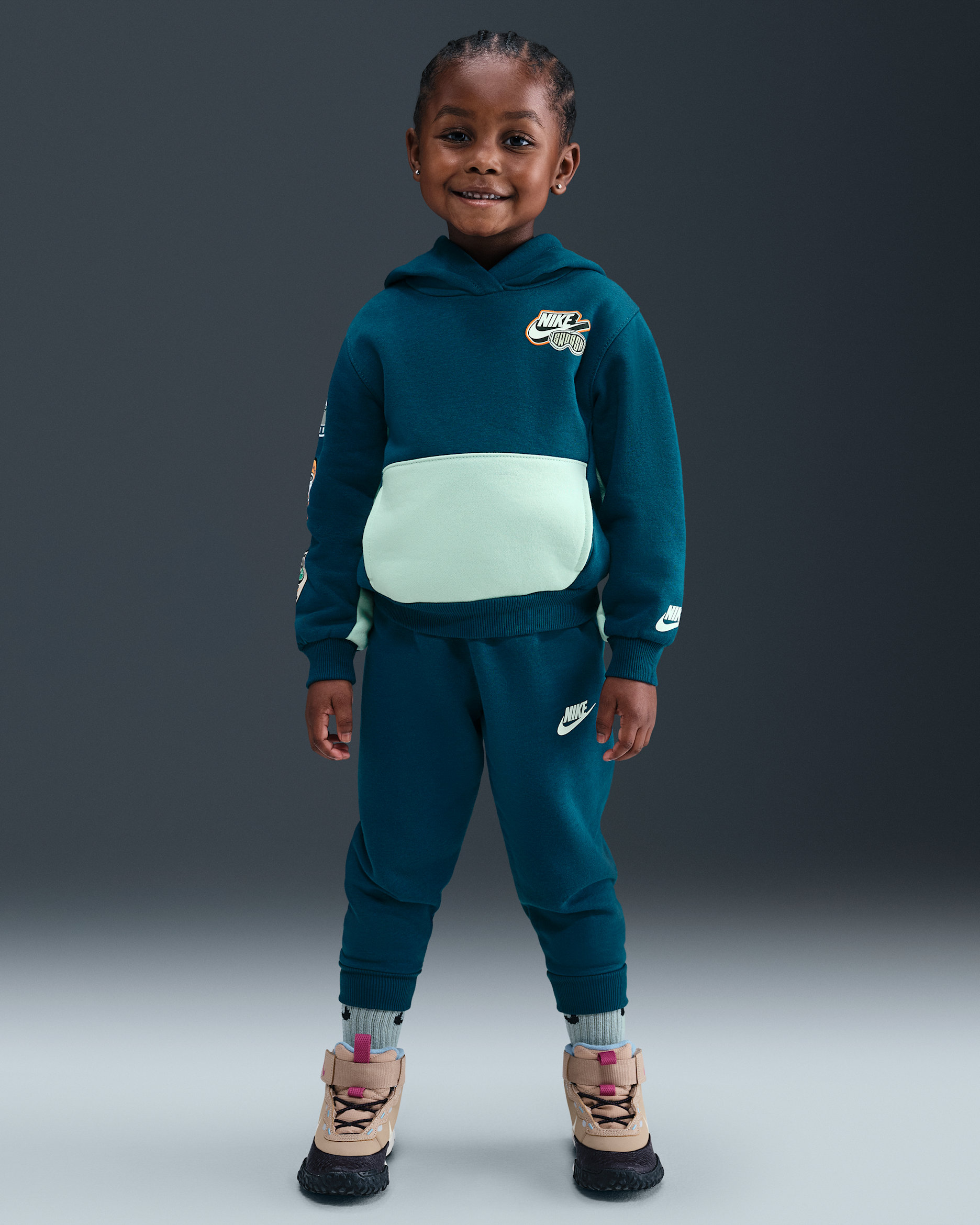 나이키 베이비 플리스 풀오버 후디 앤 조거 세트 - 블루 포스
