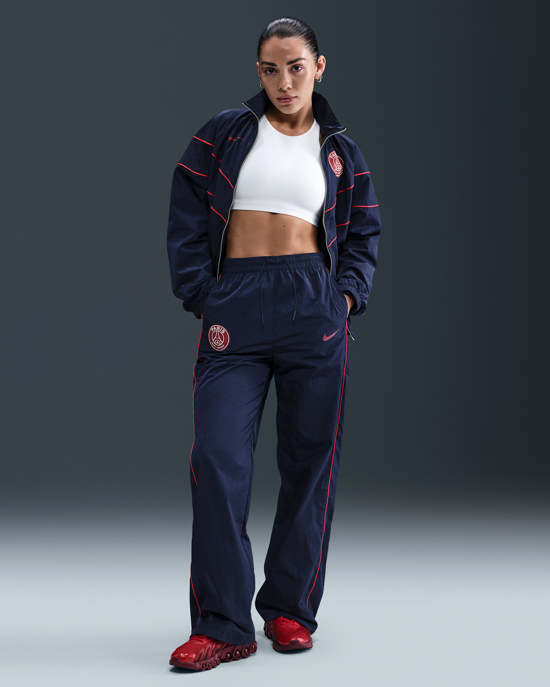 Paris Saint-Germain Windrunner Women's Nike Football High-Waisted Woven Open-Hem Pants - Midnight Navy/Midnight Navy/University Red/Midnight Navy