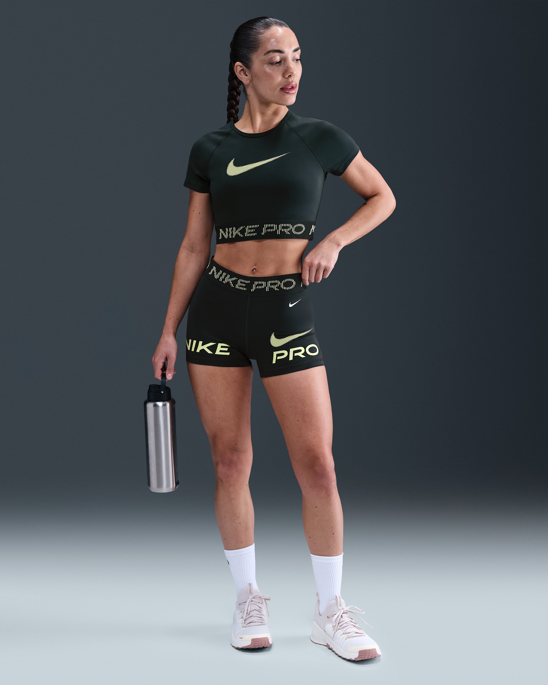 Nike Pro Women's Mid-Rise 7.5cm (approx.) Biker Shorts - Seaweed/Light Lemon Twist/White