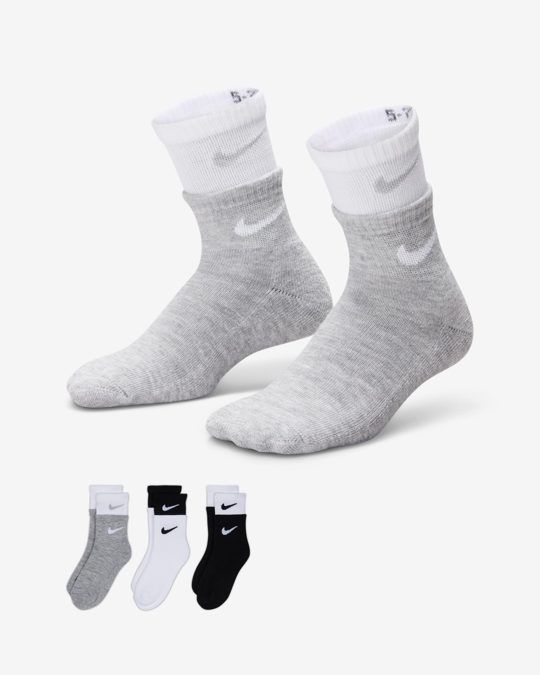 Nike Little Kids' Double Welt Ankle Socks (3 Pairs) - Black