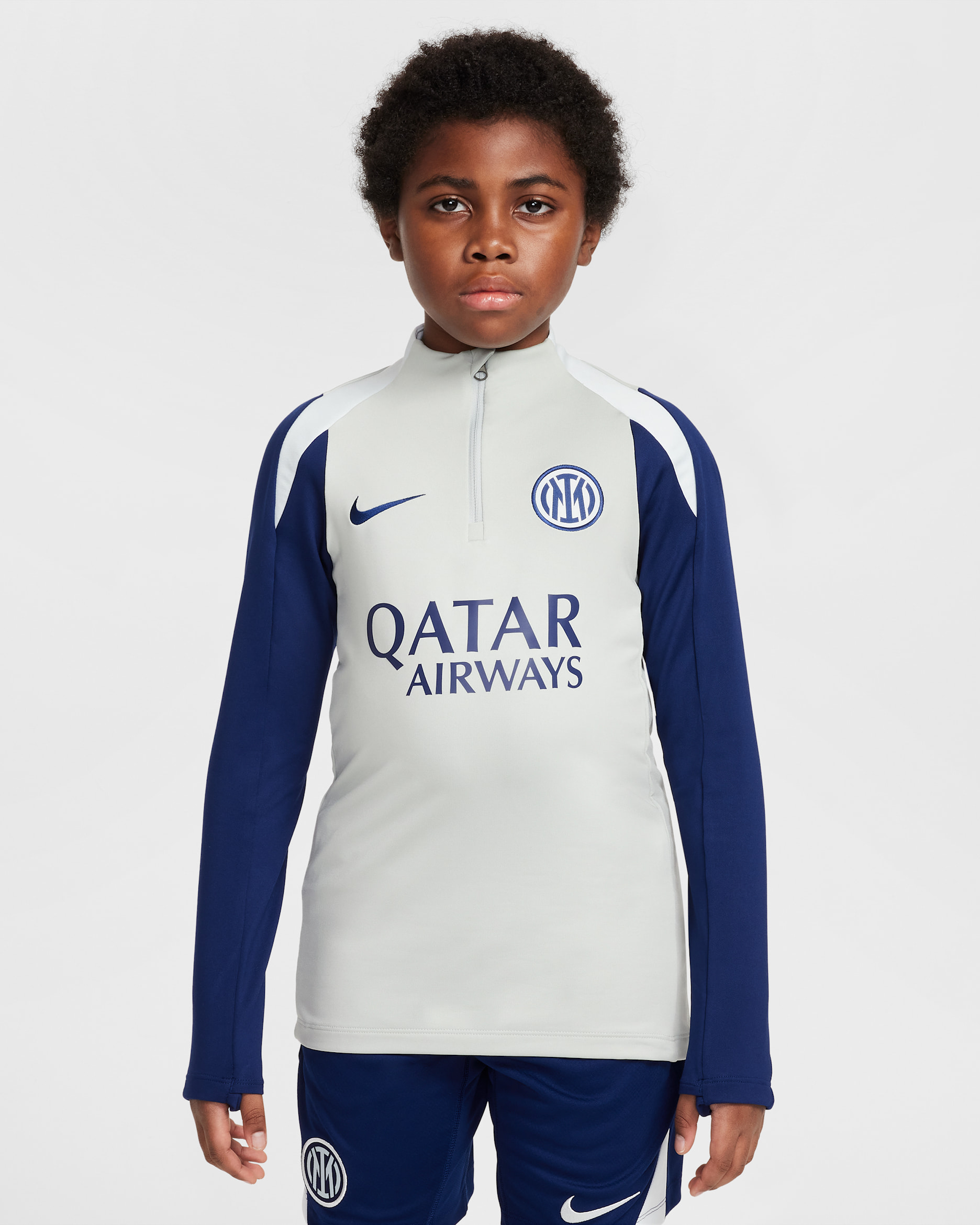 Inter Milan Strike Older Kids' Nike Dri-FIT Football Drill Top - Grey Haze/Blue Void/Ghost Aqua/Blue Void