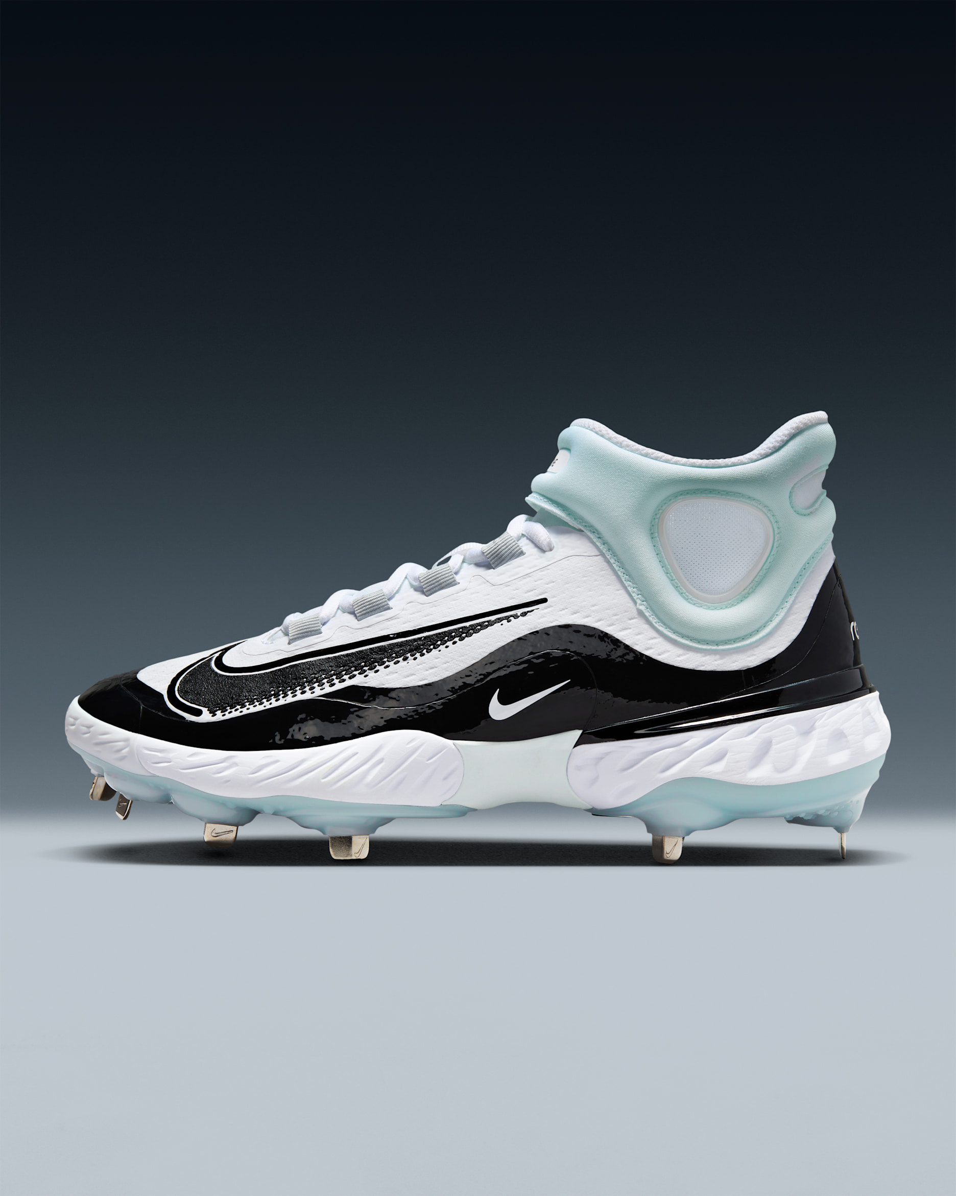 Calzado de béisbol para hombre Nike Alpha Huarache Elite 4 Mid - Blanco/Tinte azul/Platino puro/Negro