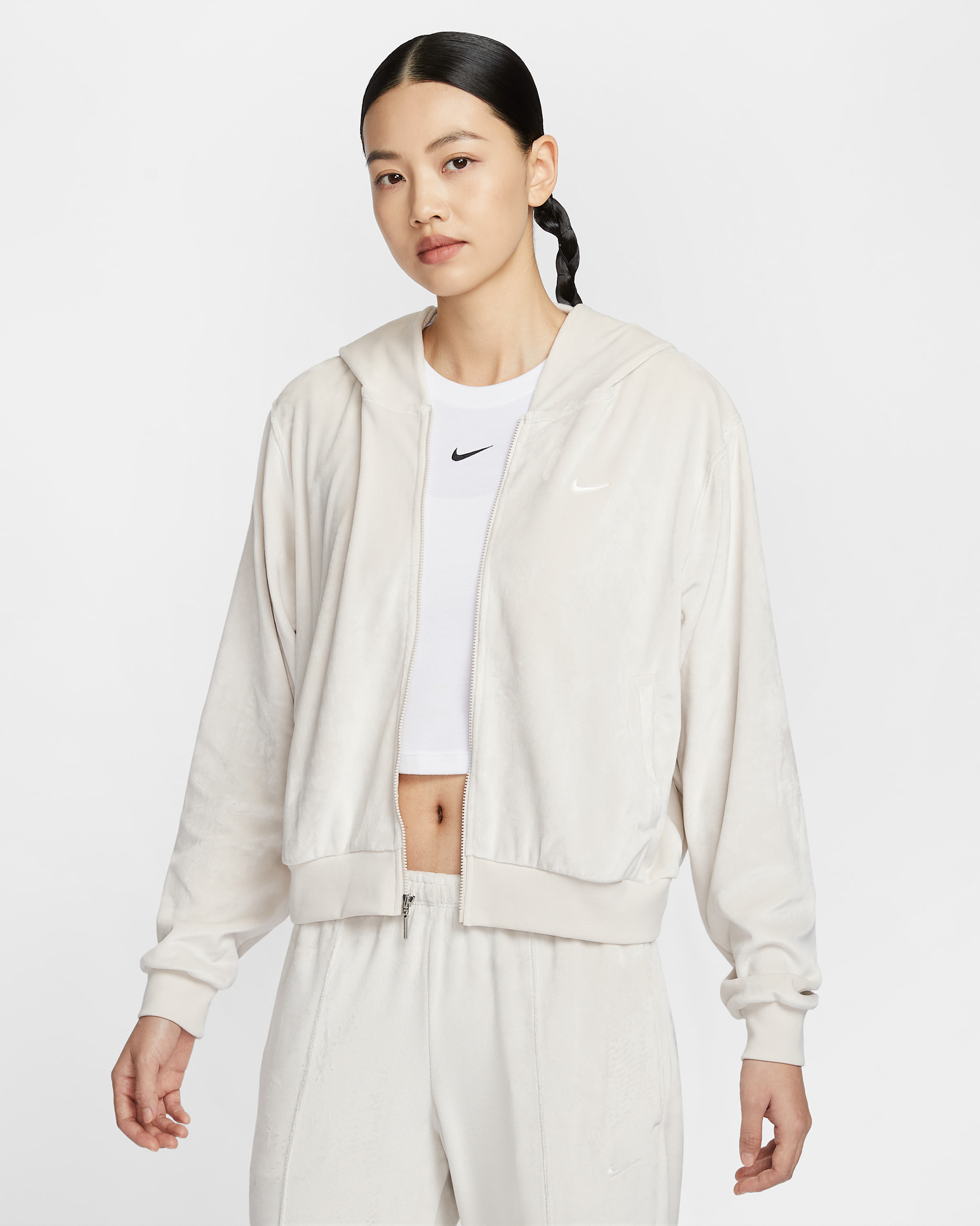 Nike Sportswear Chill Knit Women's Loose Velour Full-Zip Hoodie - Light Orewood Brown/Sail