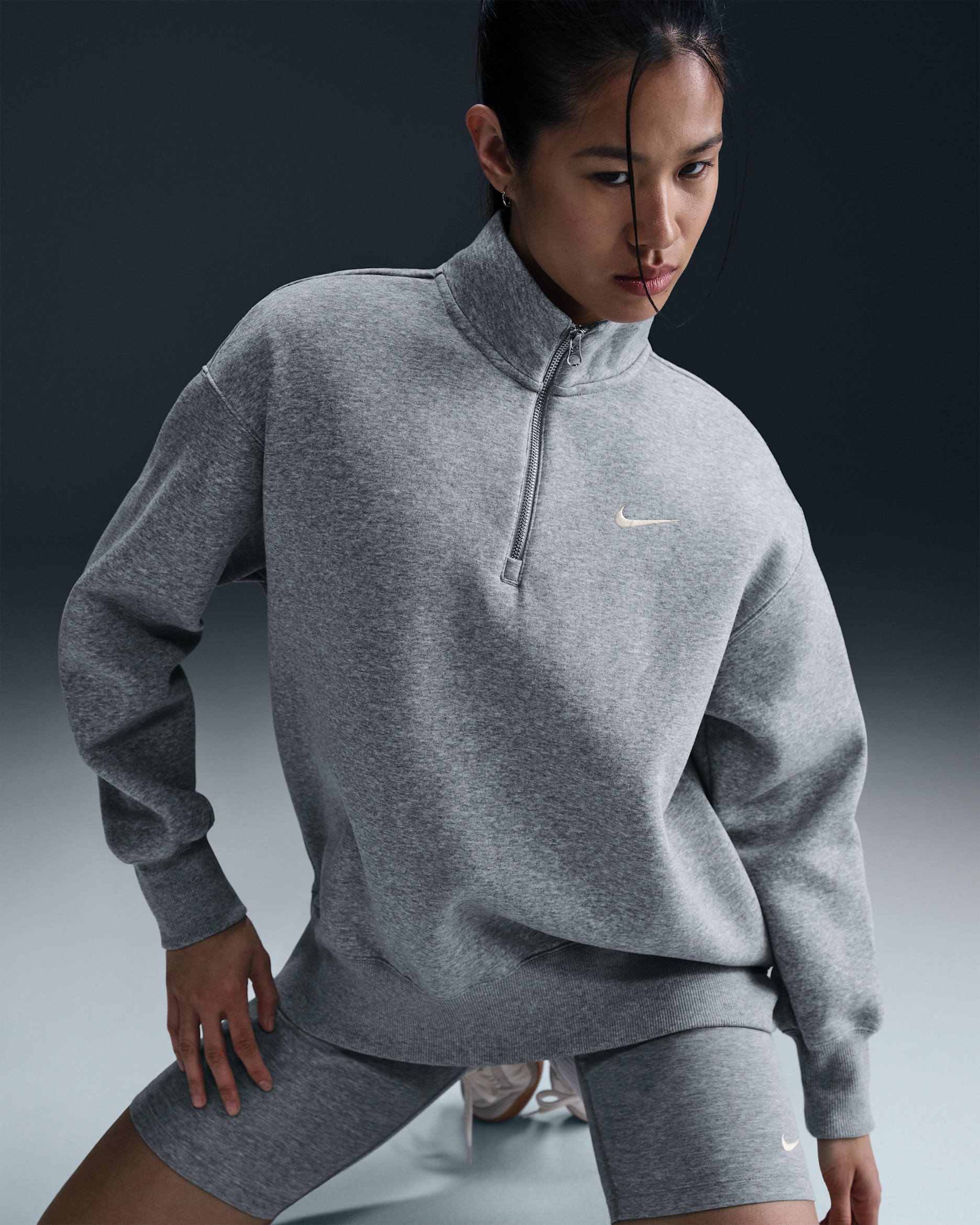 Nike Sportswear Phoenix Fleece Women's Oversized 1/4-Zip Long Sweatshirt - Dark Grey Heather/Sail