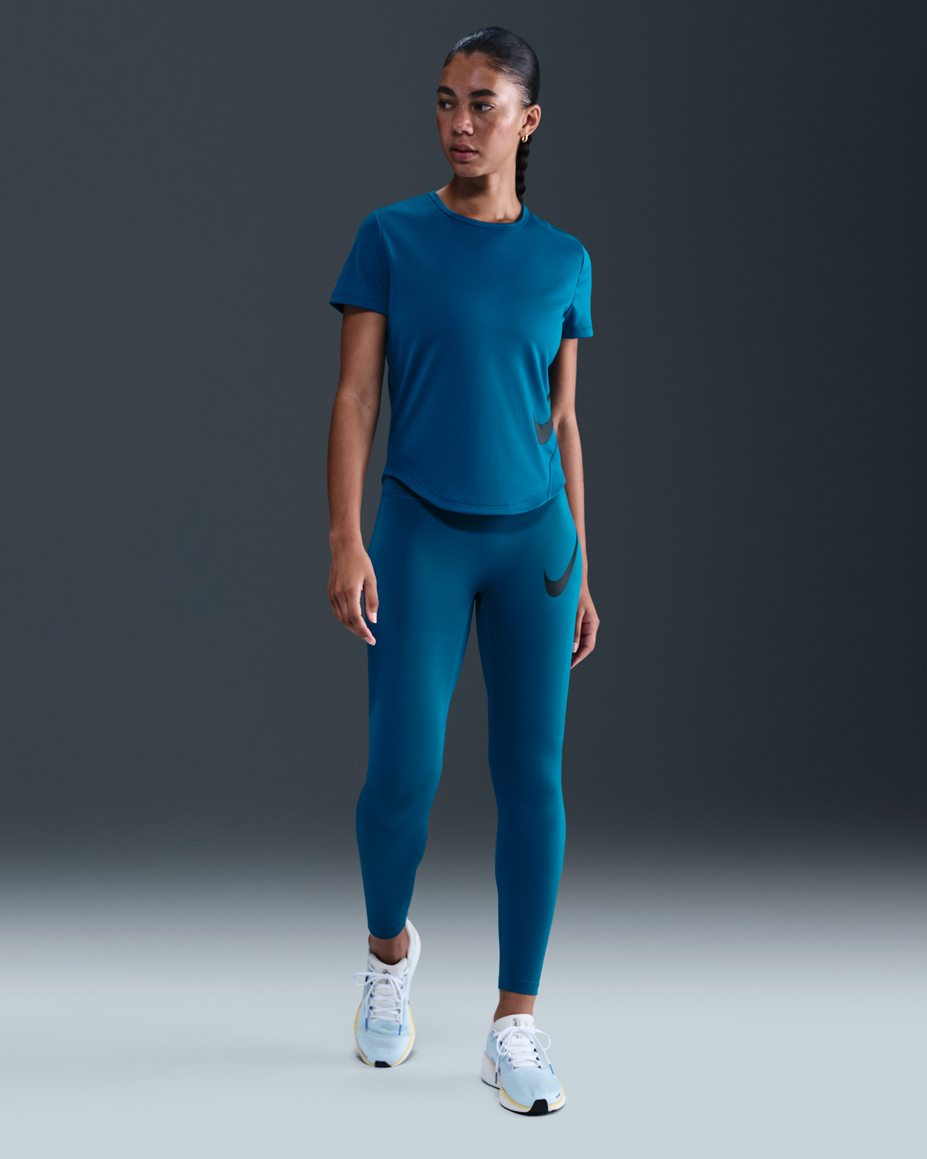 Leggings de correr de tiro alto de 7/8 para mujer Nike Tempo Swoosh Run - Verde abismo/Negro/Negro