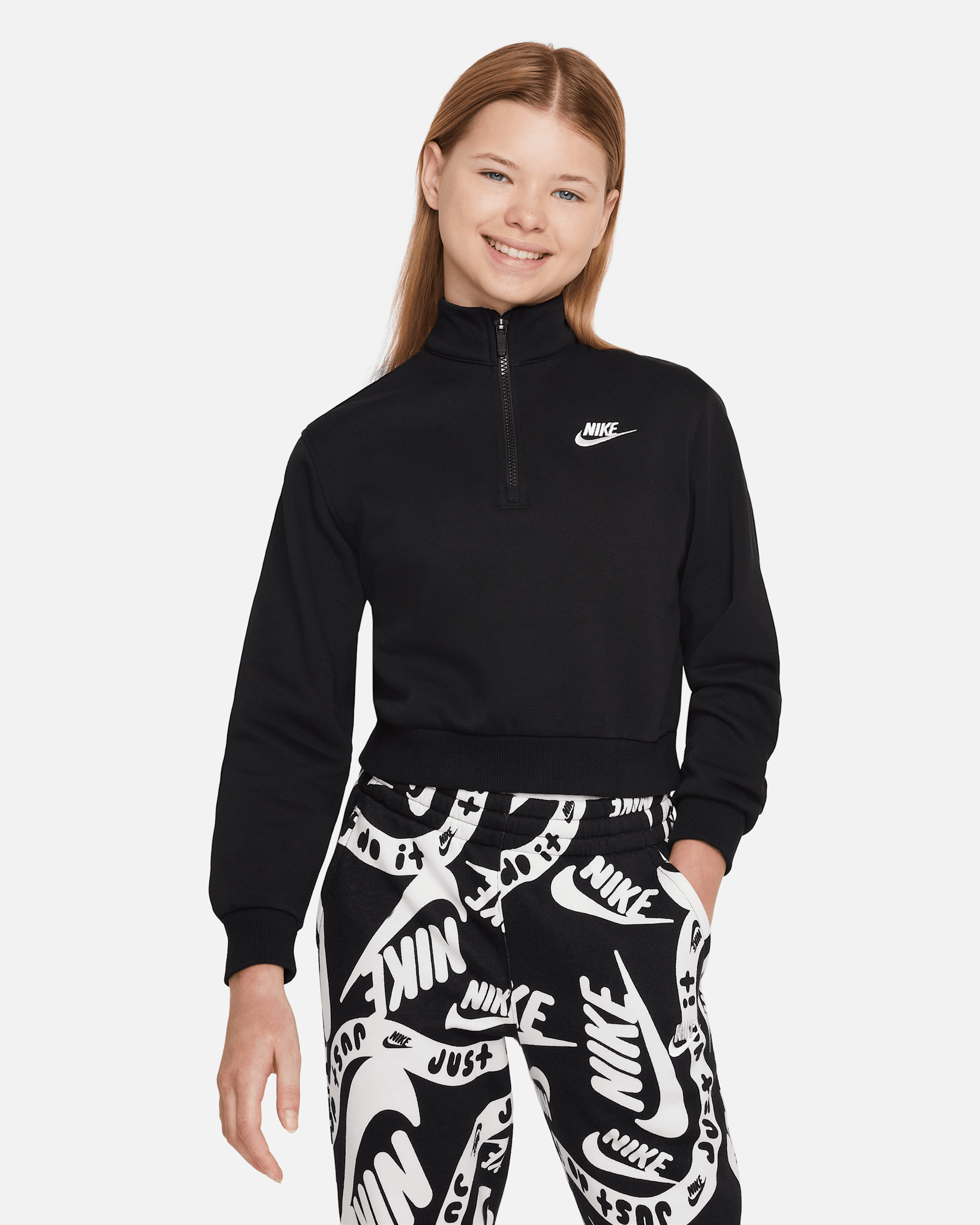 Nike Sportswear Club Fleece Big Kids' (Girls') 1/2-Zip Long-Sleeve Top - Black/White