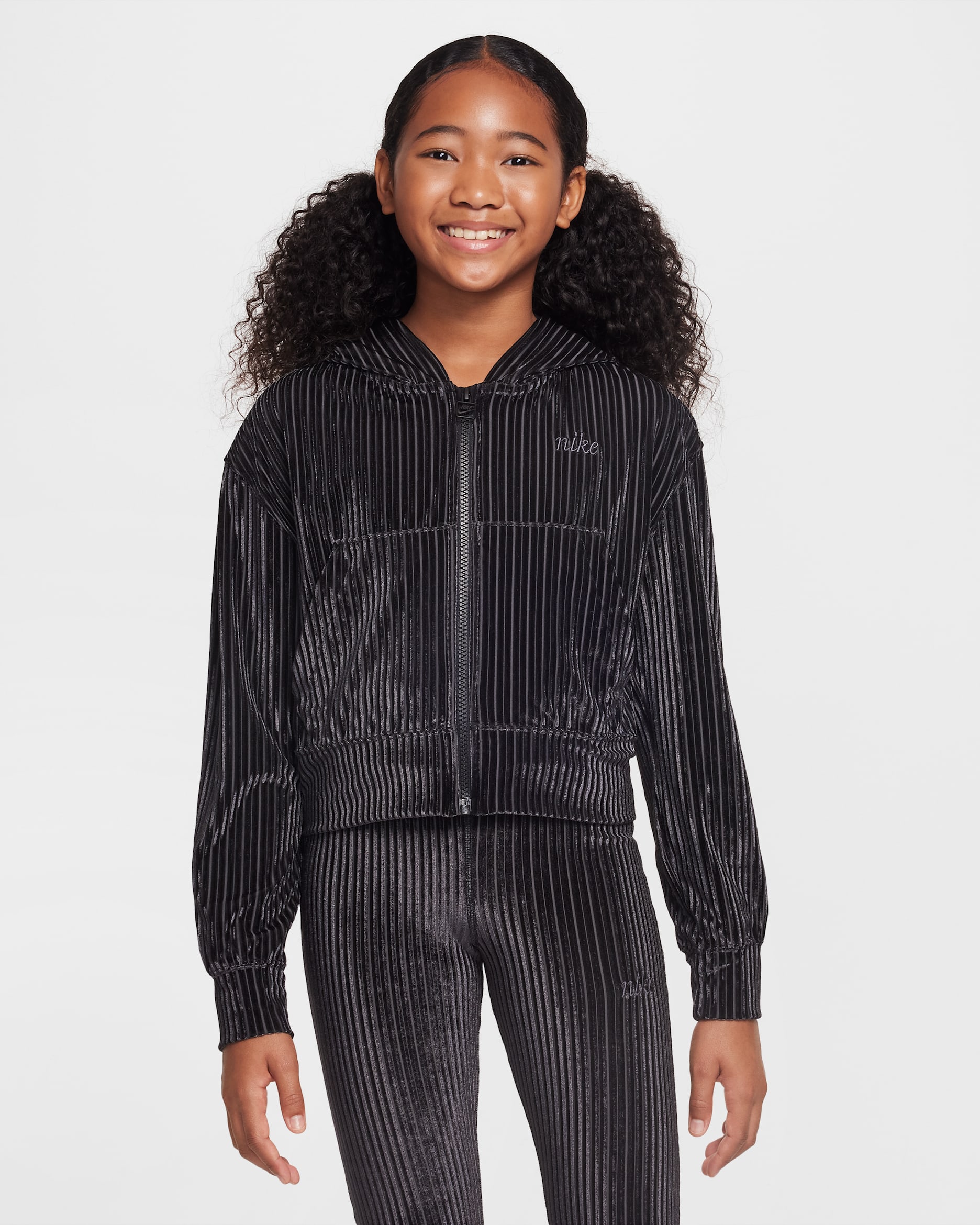 Nike Sportswear Big Kids' (Girls') Full-Zip Ribbed Hoodie - Black/Iron Grey