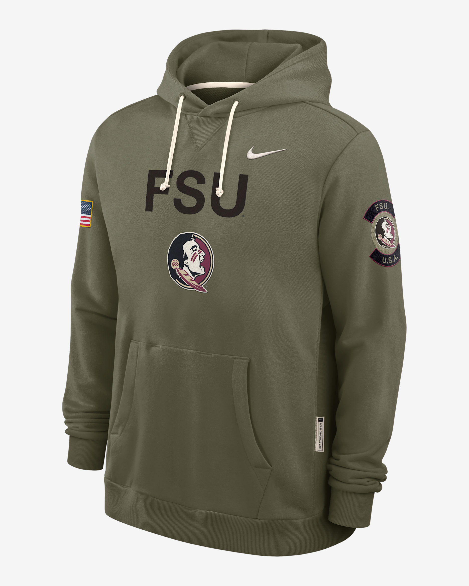 Sudadera con gorro sin cierre universitaria Nike Dri-FIT para hombre Florida State 2025 Military Appreciation - Oliva