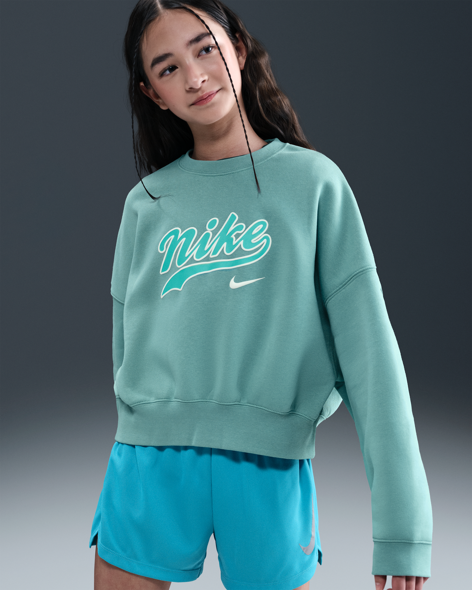 Nike Sportswear Older Kids' (Girls') Cropped Fleece Sweatshirt - Cannon/Bleached Turquoise
