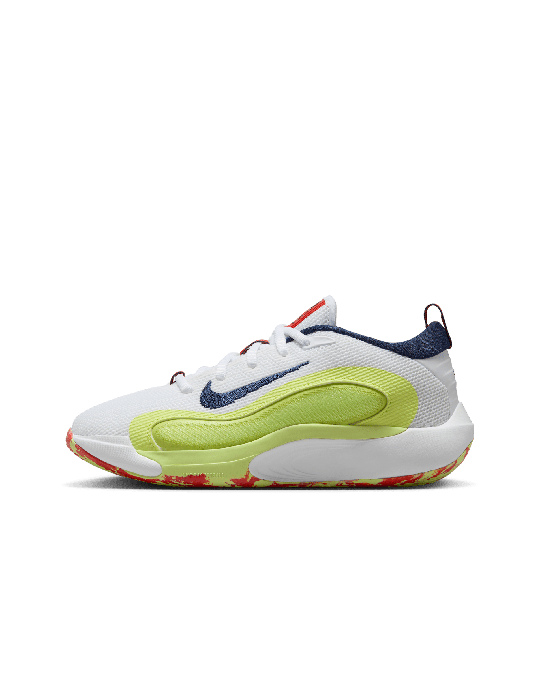 Tenis de básquetbol para niños grandes Nike IsoFly - Blanco/Luz de calcio/Toque de limón claro/Azul marino medianoche