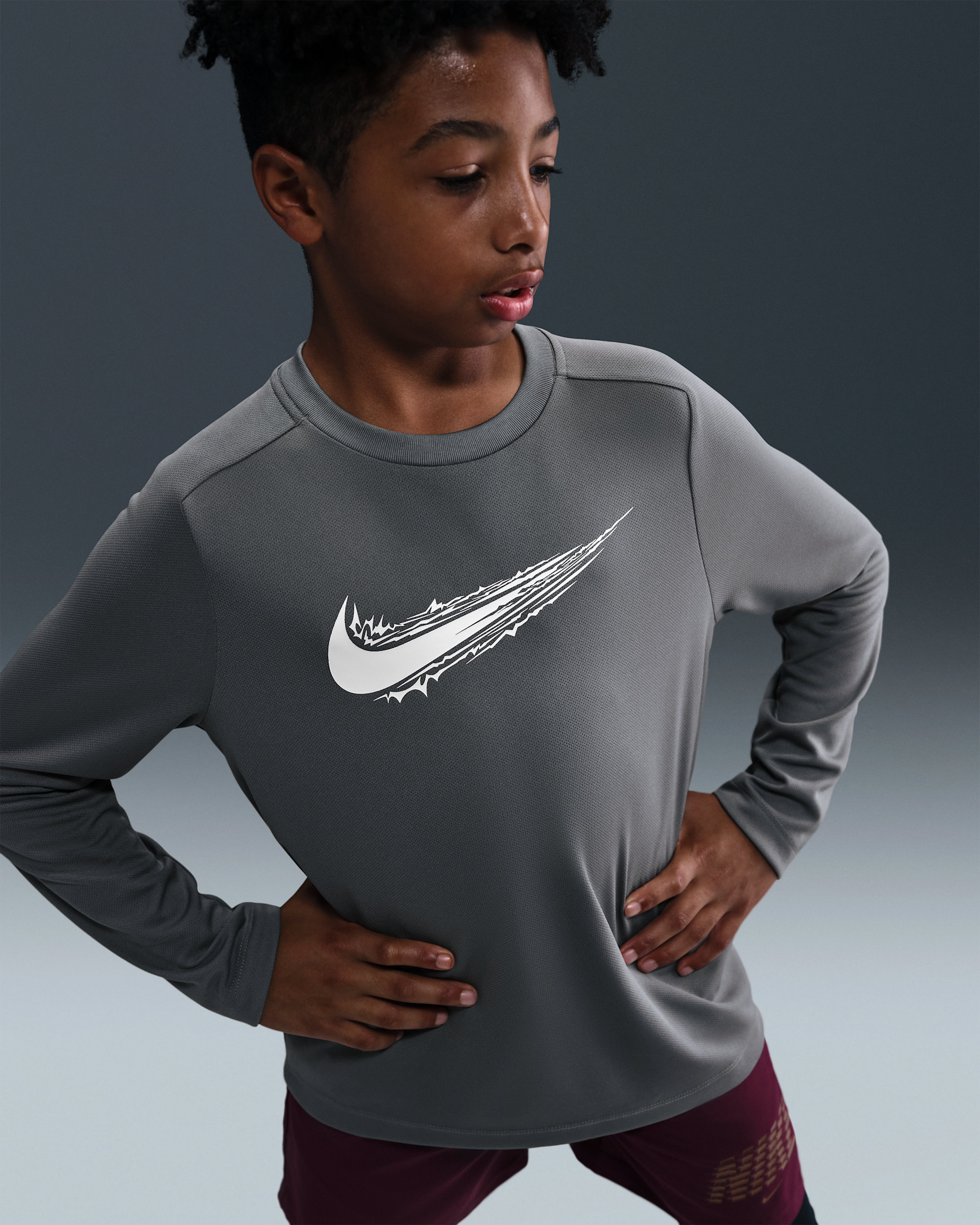Nike Multi Big Kids' (Boys') Dri-FIT Long-Sleeve Top - Smoke Grey/White