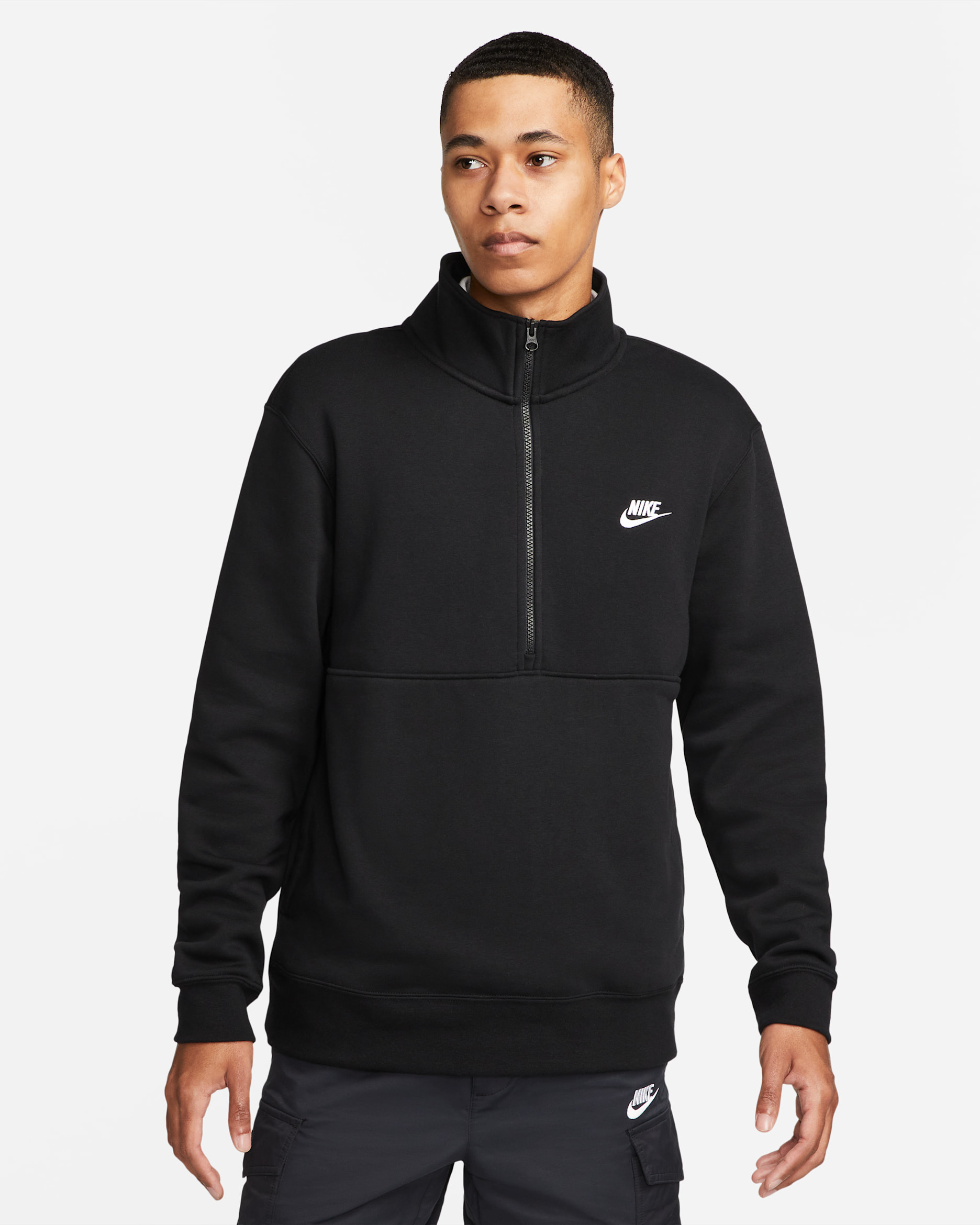 Sudadera con gorro de medio cierre e interior cepillado para hombre Nike Sportswear Club - Negro/Negro/Blanco