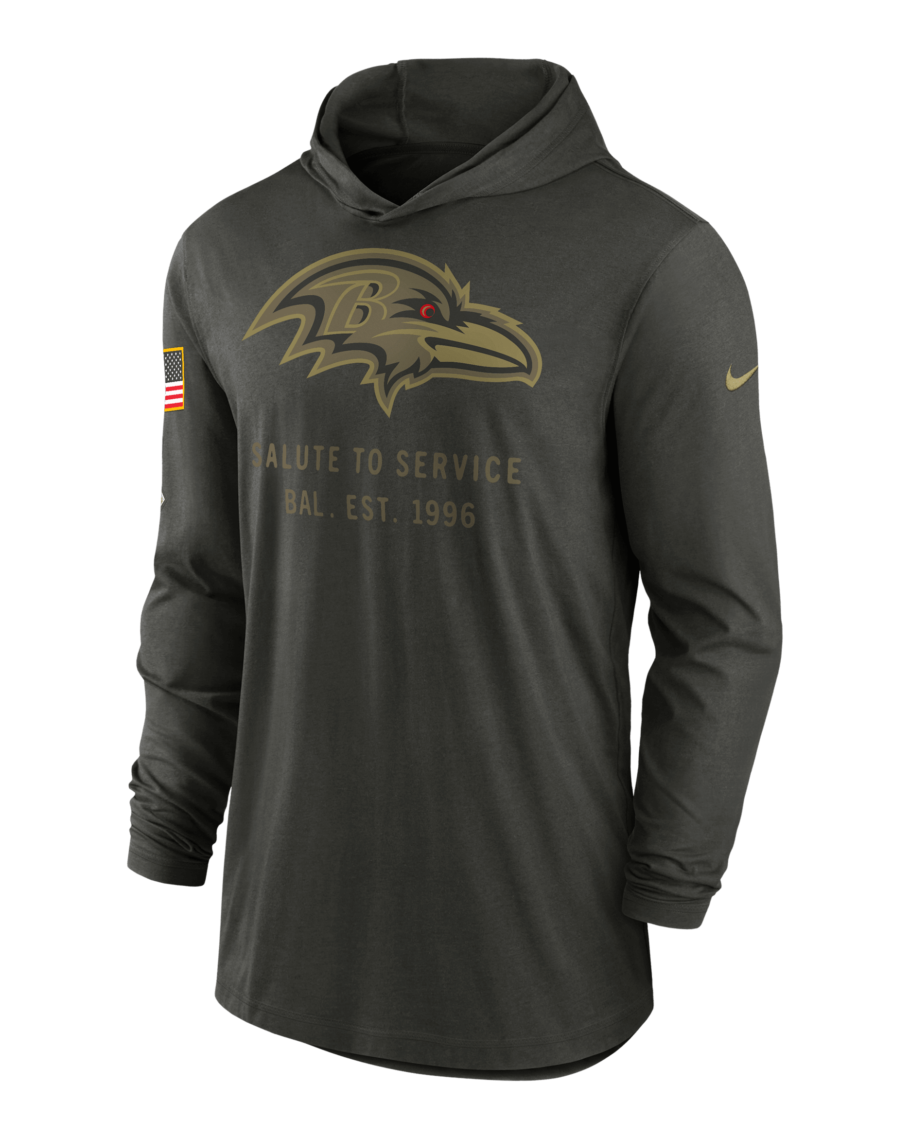 Playera de manga larga Nike Dri-FIT de la NFL con gorro para hombre Baltimore Ravens Salute to Service Sideline - Verde bosque