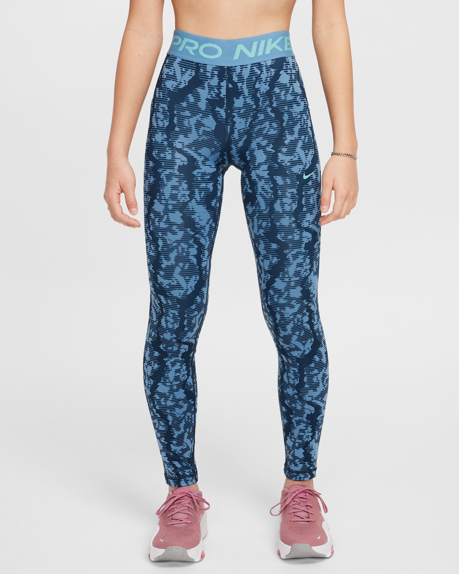 Nike Pro Girls' Dri-FIT Mid-Rise Leggings - Armoury Navy/Aegean Storm/Green Frost