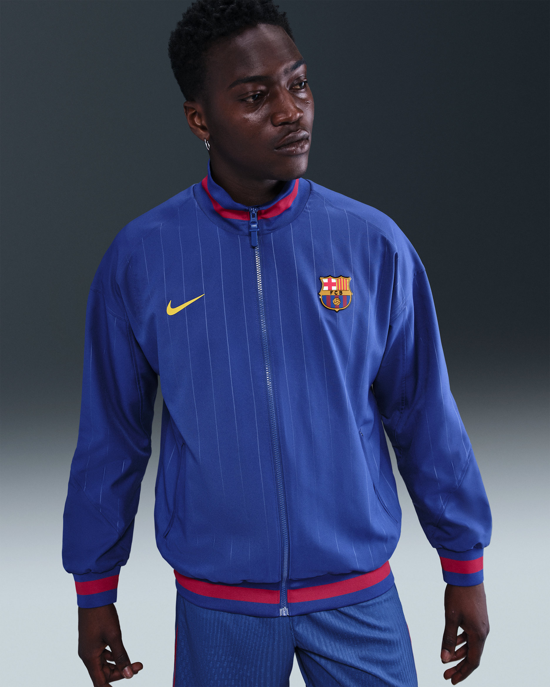 FC Barcelona Strike Home Men's Nike Dri-FIT Soccer Anthem Jacket - Deep Royal Blue/Noble Red/Midwest Gold