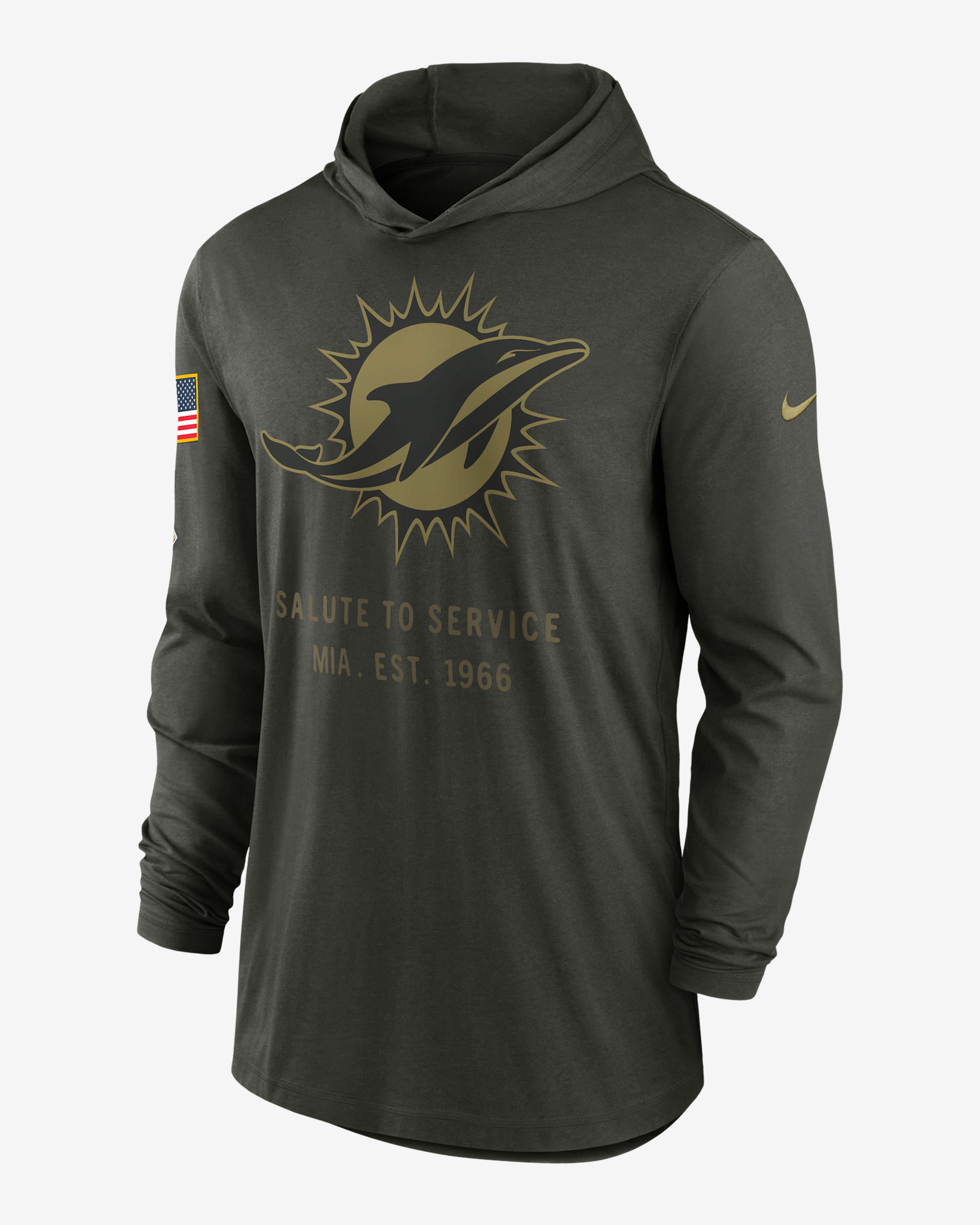 Playera de manga larga Nike Dri-FIT de la NFL con gorro para hombre Miami Dolphins Salute to Service Sideline - Secuoya