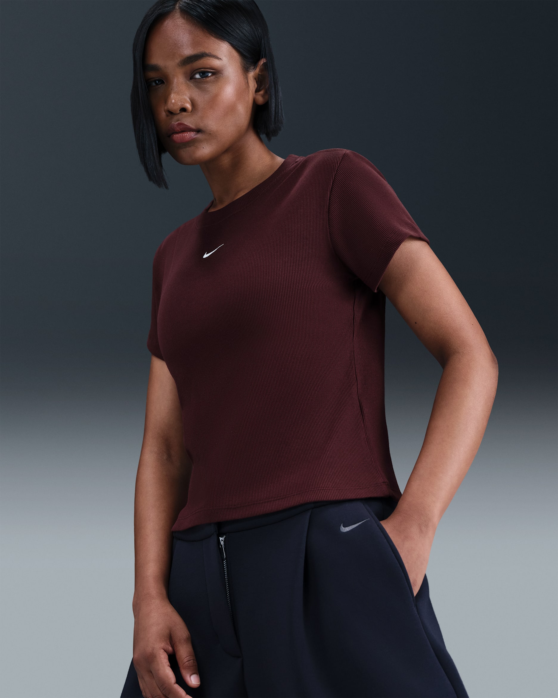 Nike Sportswear Women's Tight Ribbed Short-Sleeve T-Shirt - Burgundy Crush/Sail