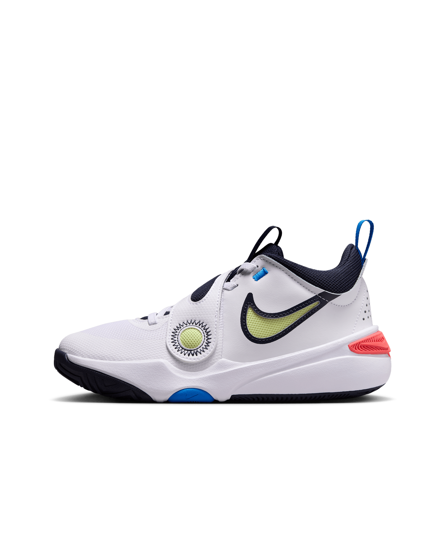 Tenis de básquetbol para niños grandes Nike Team Hustle D 11 - Blanco/Carmesí brillante/Azul foto/Toque de limón claro