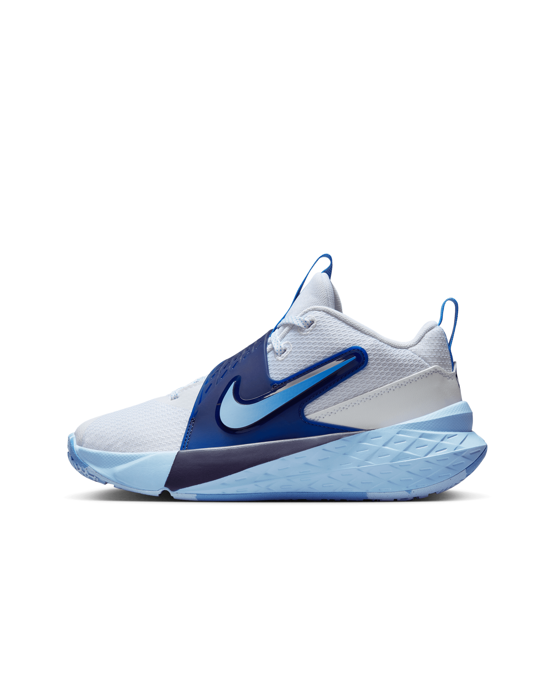 Nike Team Hustle D 12 Tenis de básquetbol para niños grandes - Blanco/Azul psíquico/Azul marino medianoche/Azul universitario