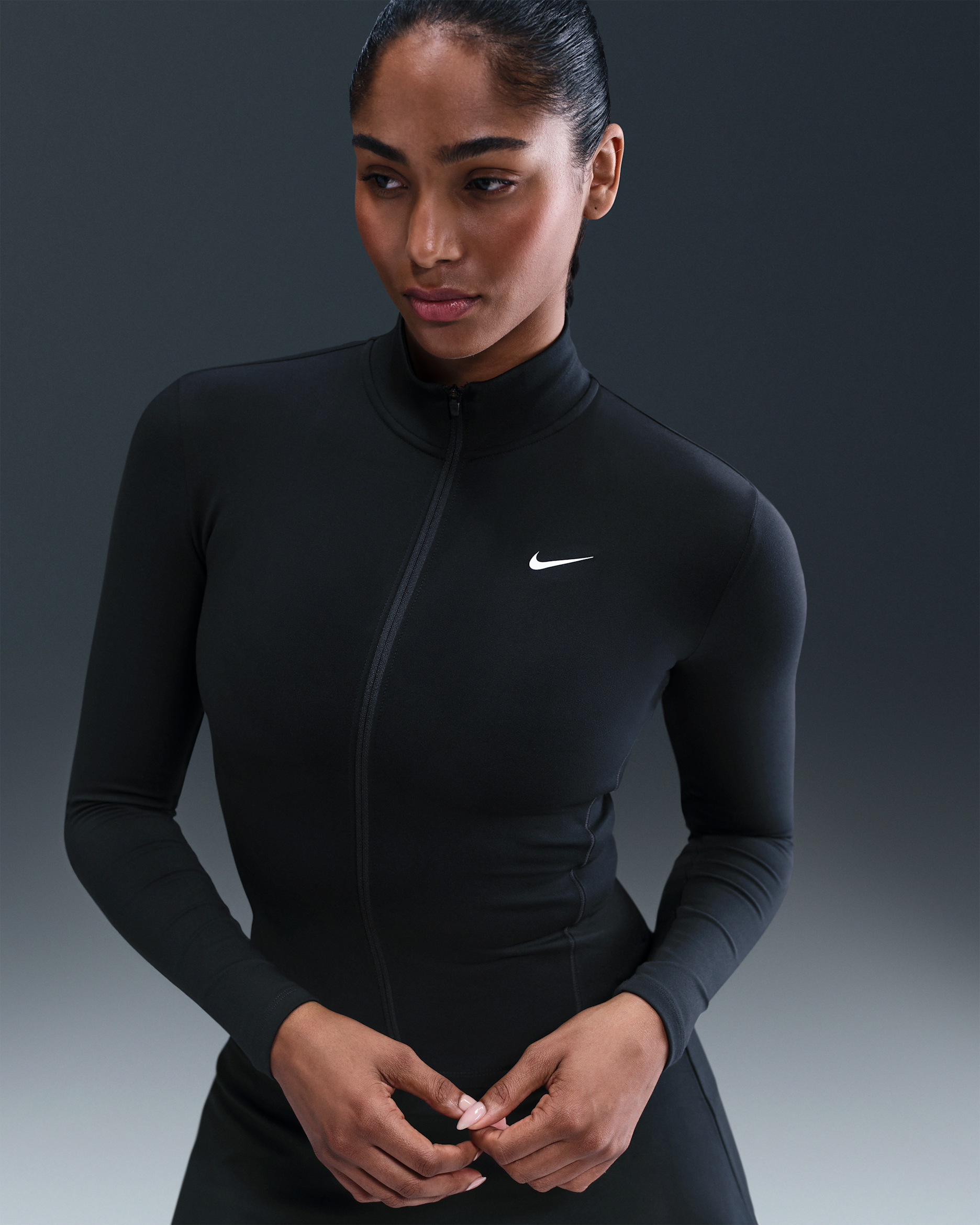 Nike One Fitted Dri-FIT hosszú cipzáras női kabát - Fekete/Fehér