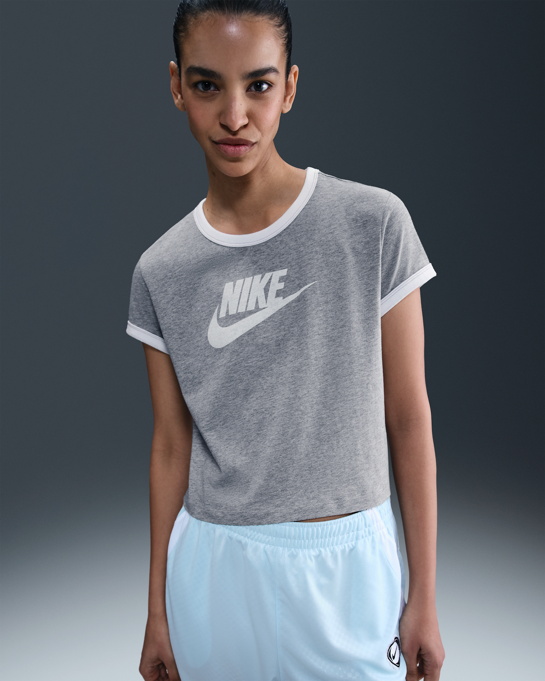 Nike Sportswear Women's Graphic Ringer T-Shirt - Dark Grey Heather/White