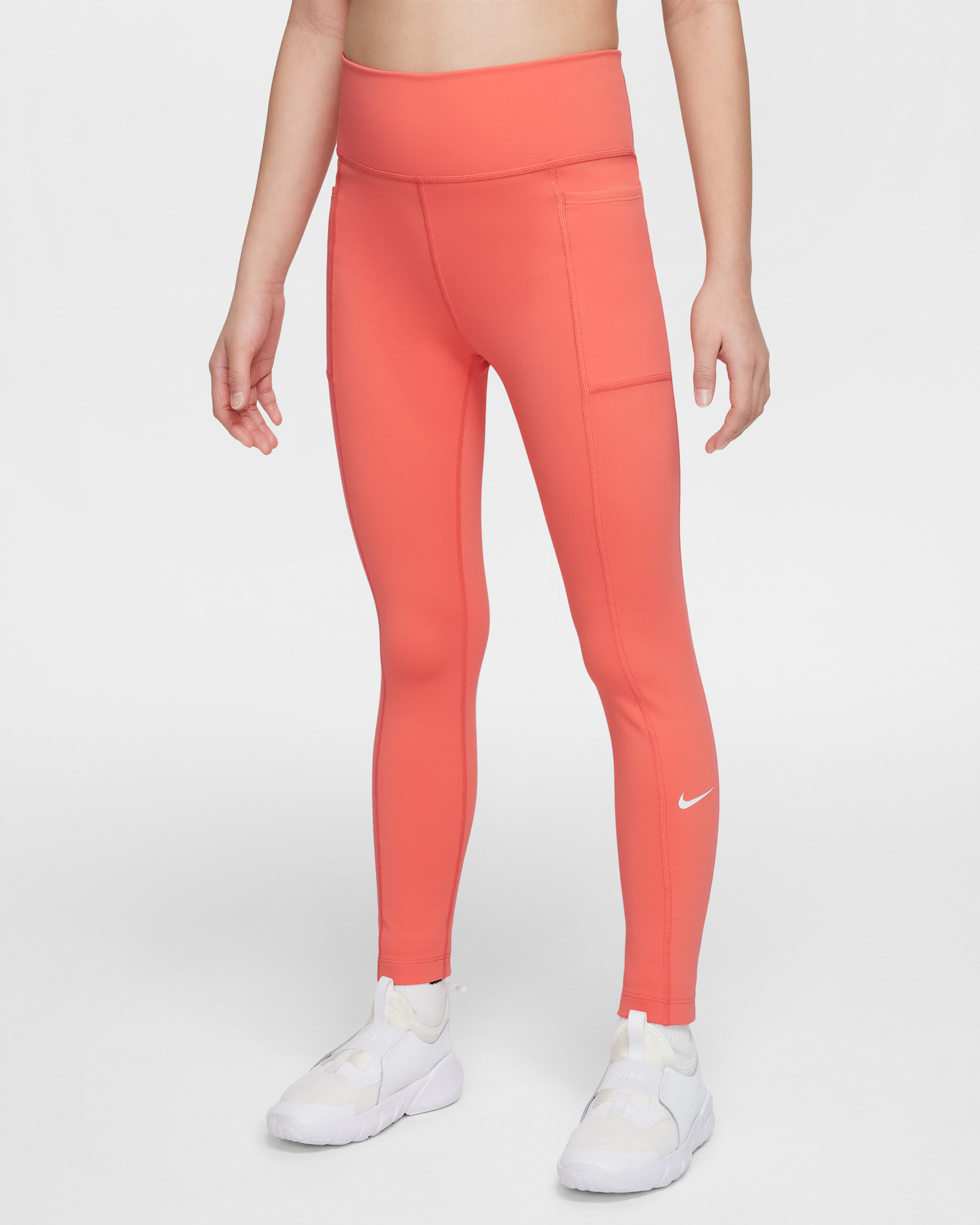Nike One Big Kids' (Girls') Dri-FIT High-Waisted Leggings with Pockets - Magic Ember/White