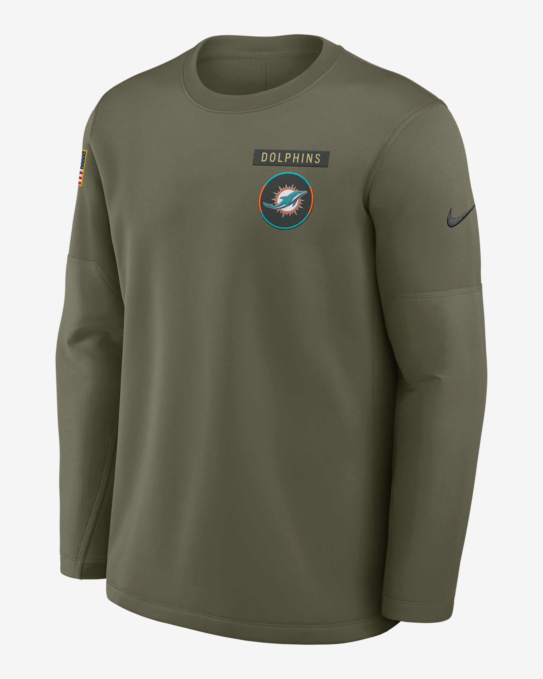 Miami Dolphins Salute to Service Sideline Triumphant Win Coach Men's Nike NFL Pullover Crew - Medium Olive