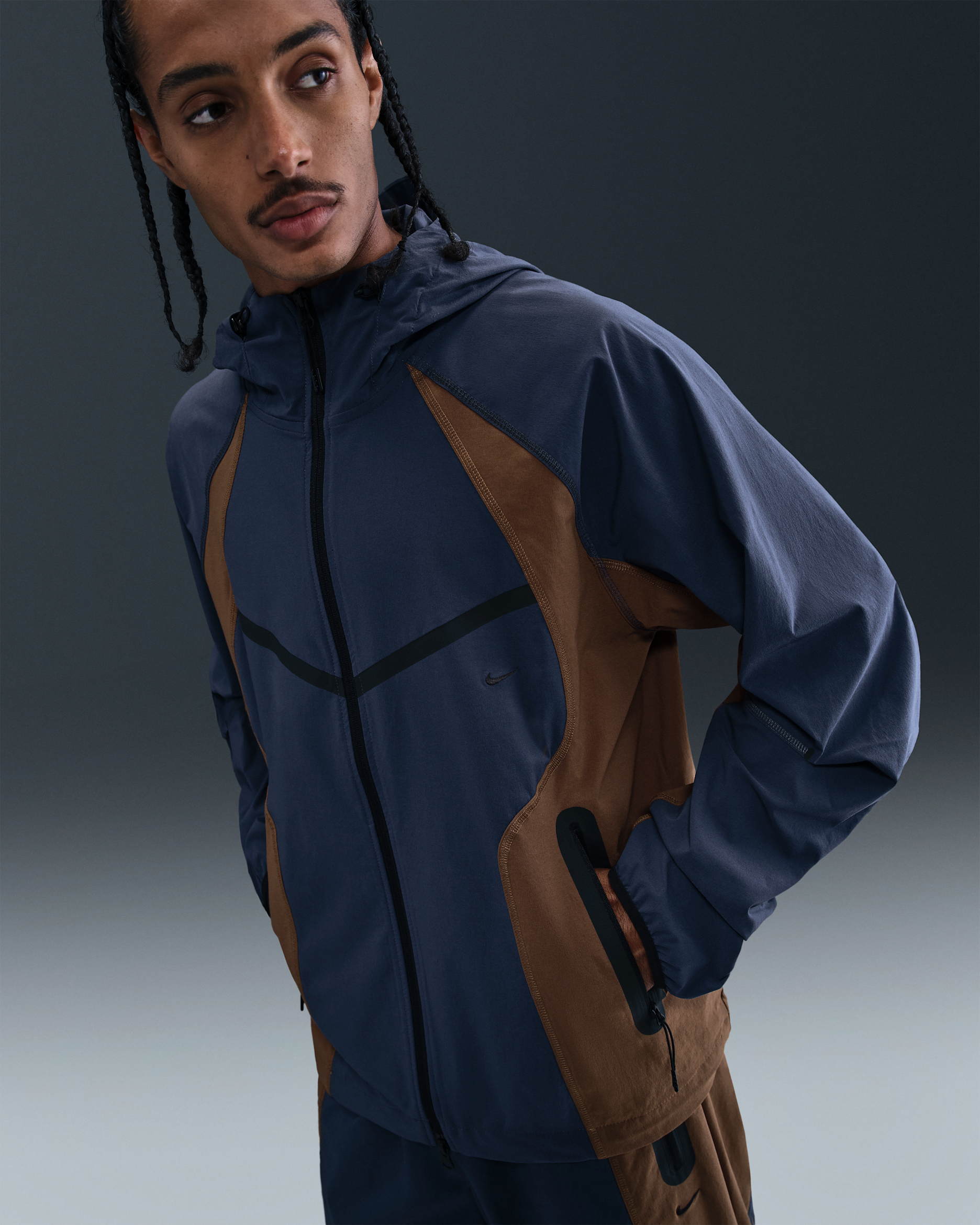 Nike Tech Men's Dri-FIT Woven Color-Block Windrunner Loose Jacket - Thunder Blue/Mosswood Brown/Black