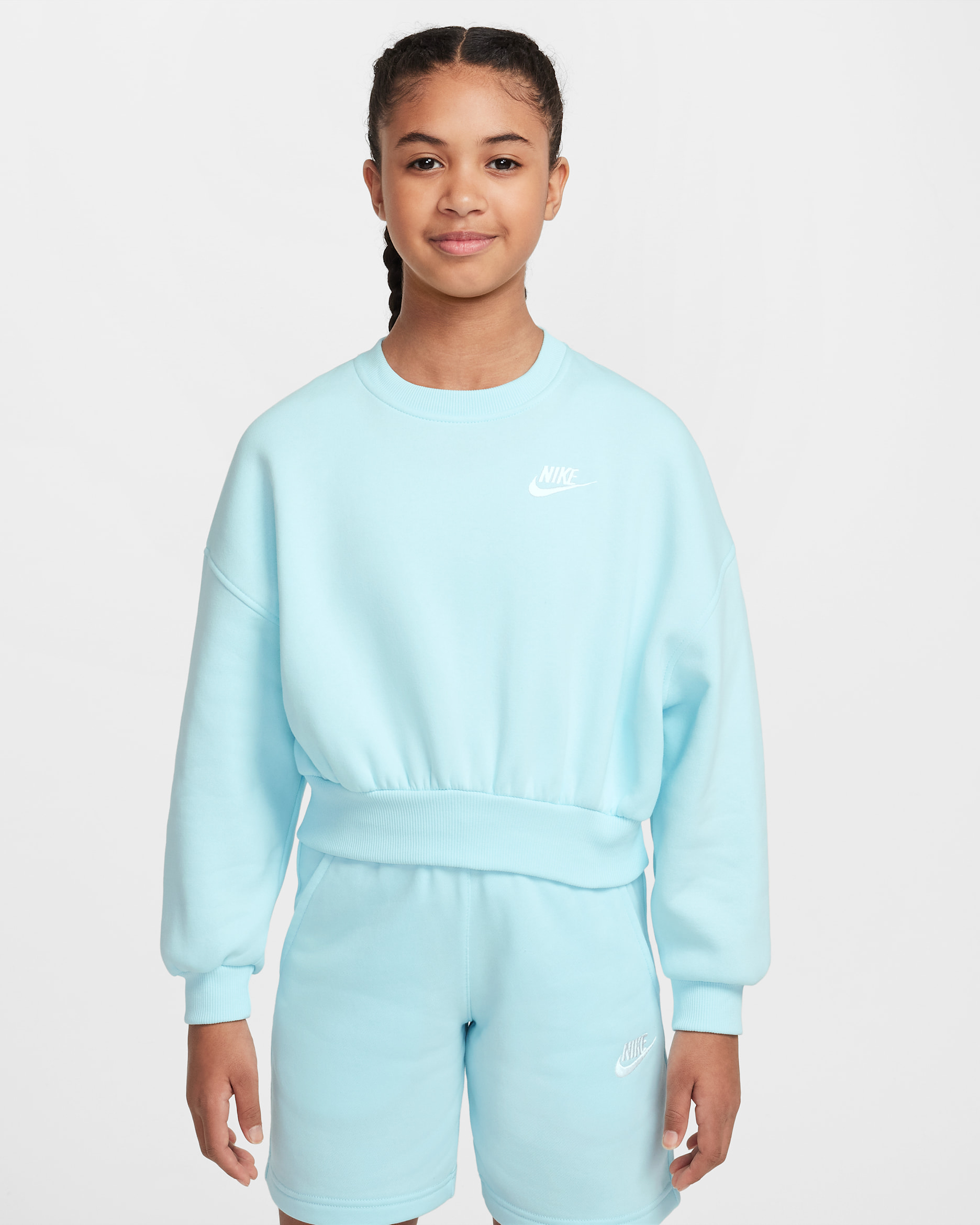 Nike Sportswear Club Fleece Girls' Boxy Crew-Neck Sweatshirt - Glacier Blue/White