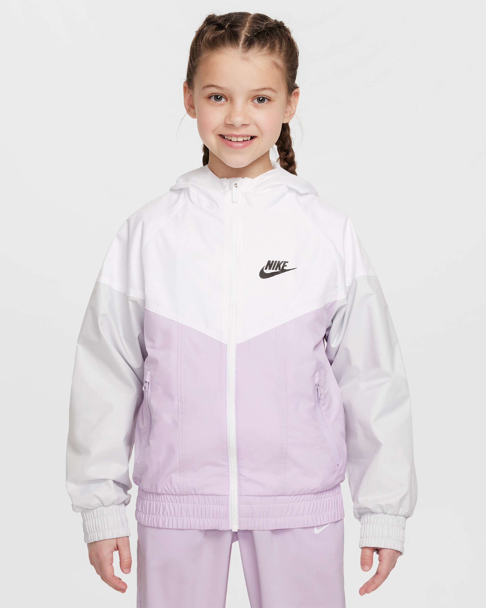 Chamarra Repel con gorro para niños talla grande Nike Sportswear Windrunner - Blanco/Muñeca/Polvo fotón/Negro