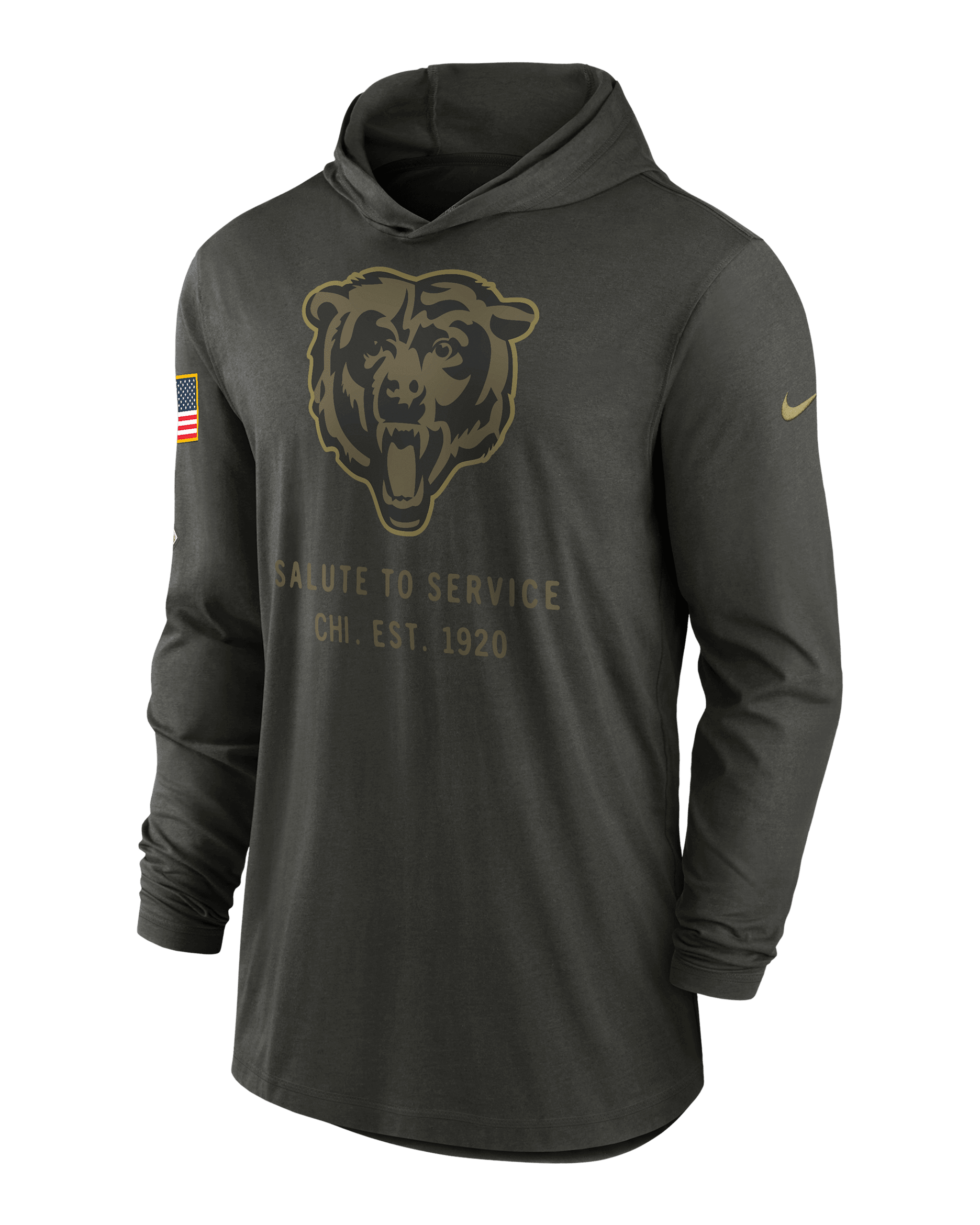 Playera de manga larga Nike Dri-FIT de la NFL con gorro para hombre Chicago Bears Salute to Service Sideline - Secuoya