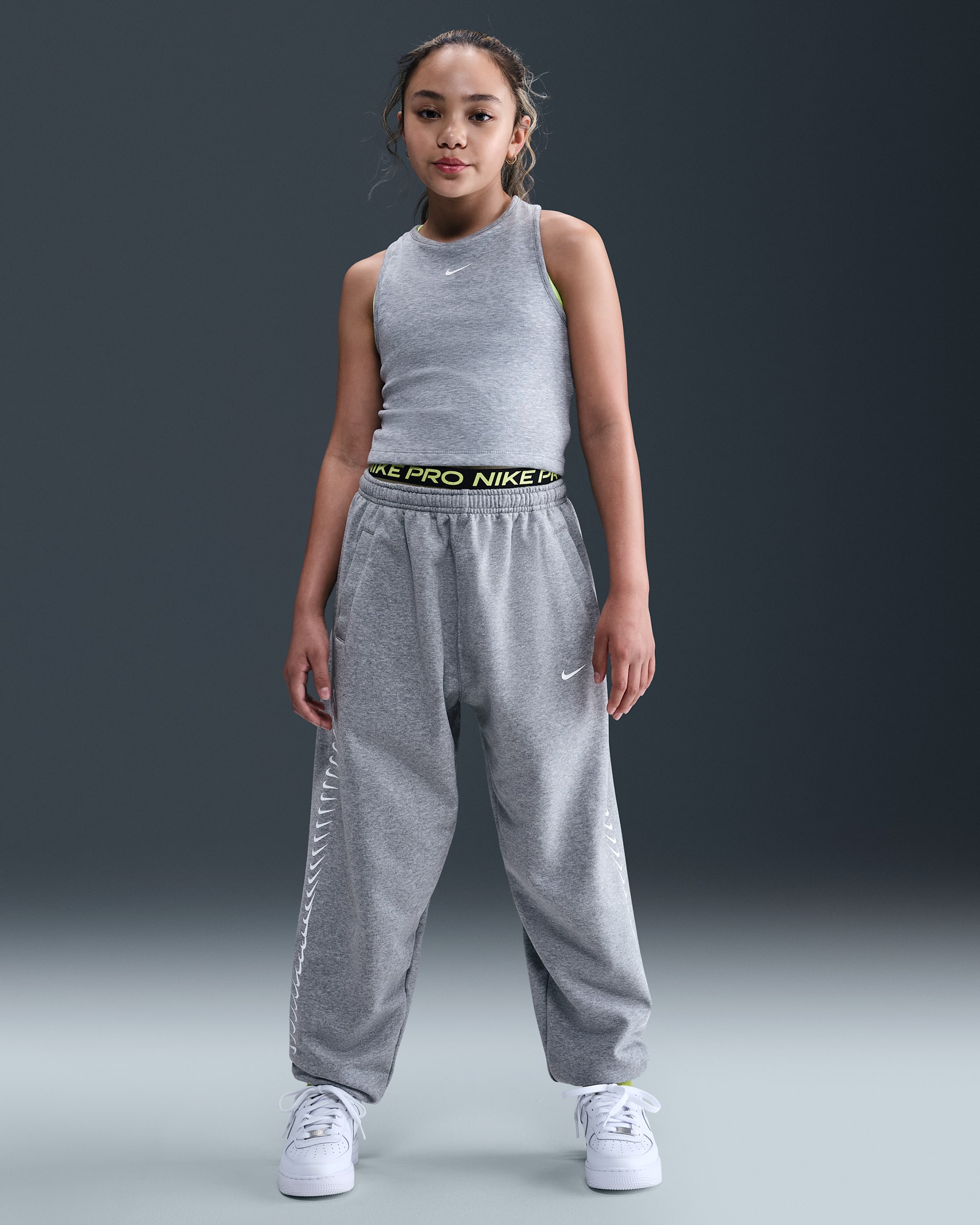 나이키 스포츠웨어 여아 드라이 핏 플리스 팬츠 - 다크 그레이 헤더/화이트