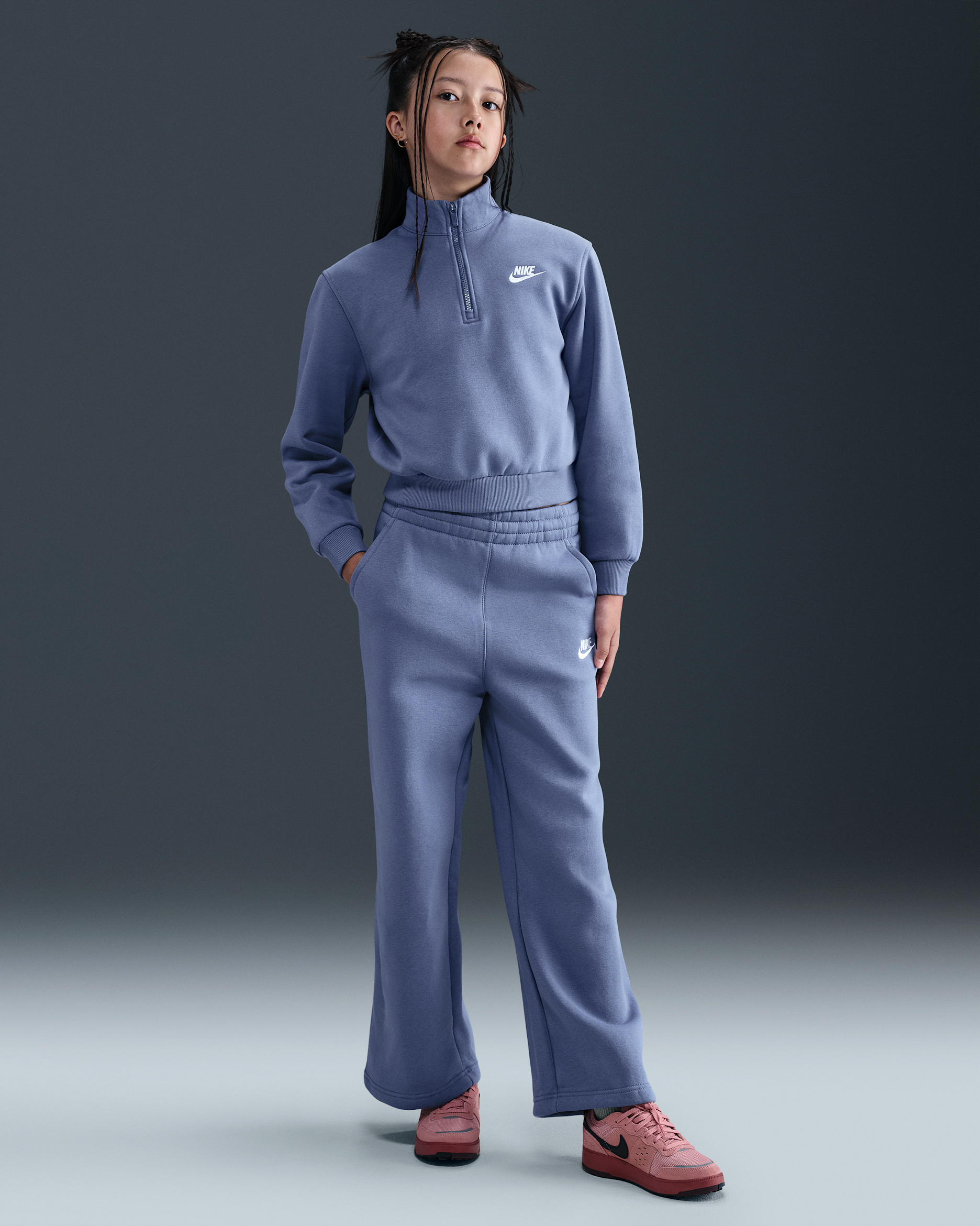 Calças largas Nike Sportswear Club Fleece para rapariga - World Indigo/World Indigo/Branco