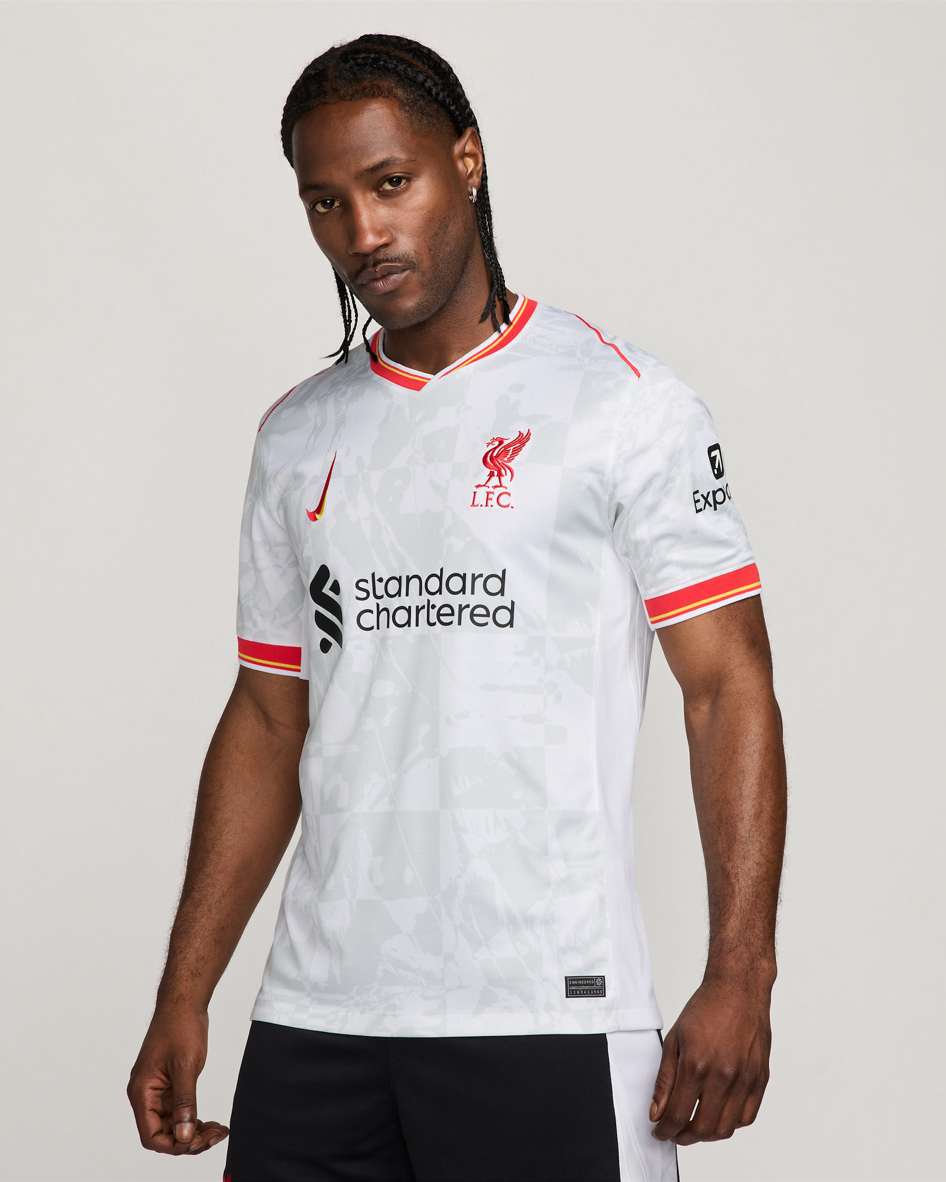 Liverpool FC 2024/25 Stadium harmadik Nike Dri-FIT férfi replika futballmez - Fehér/Pure Platinum/Fekete/Global Red