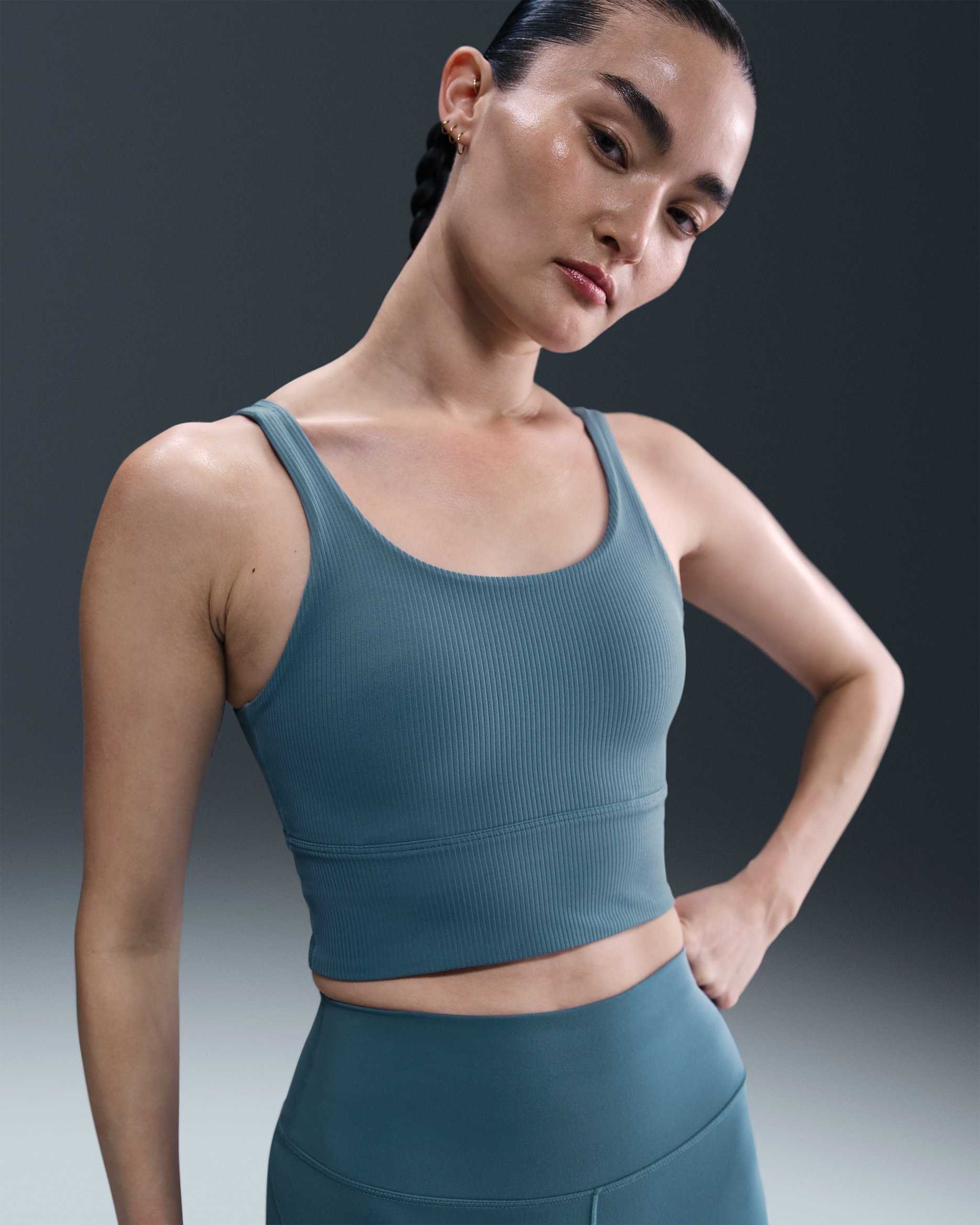 Nike Zenvy Rib Women's Light-Support Padded Longline Sports Bra - Smoky Blue/White