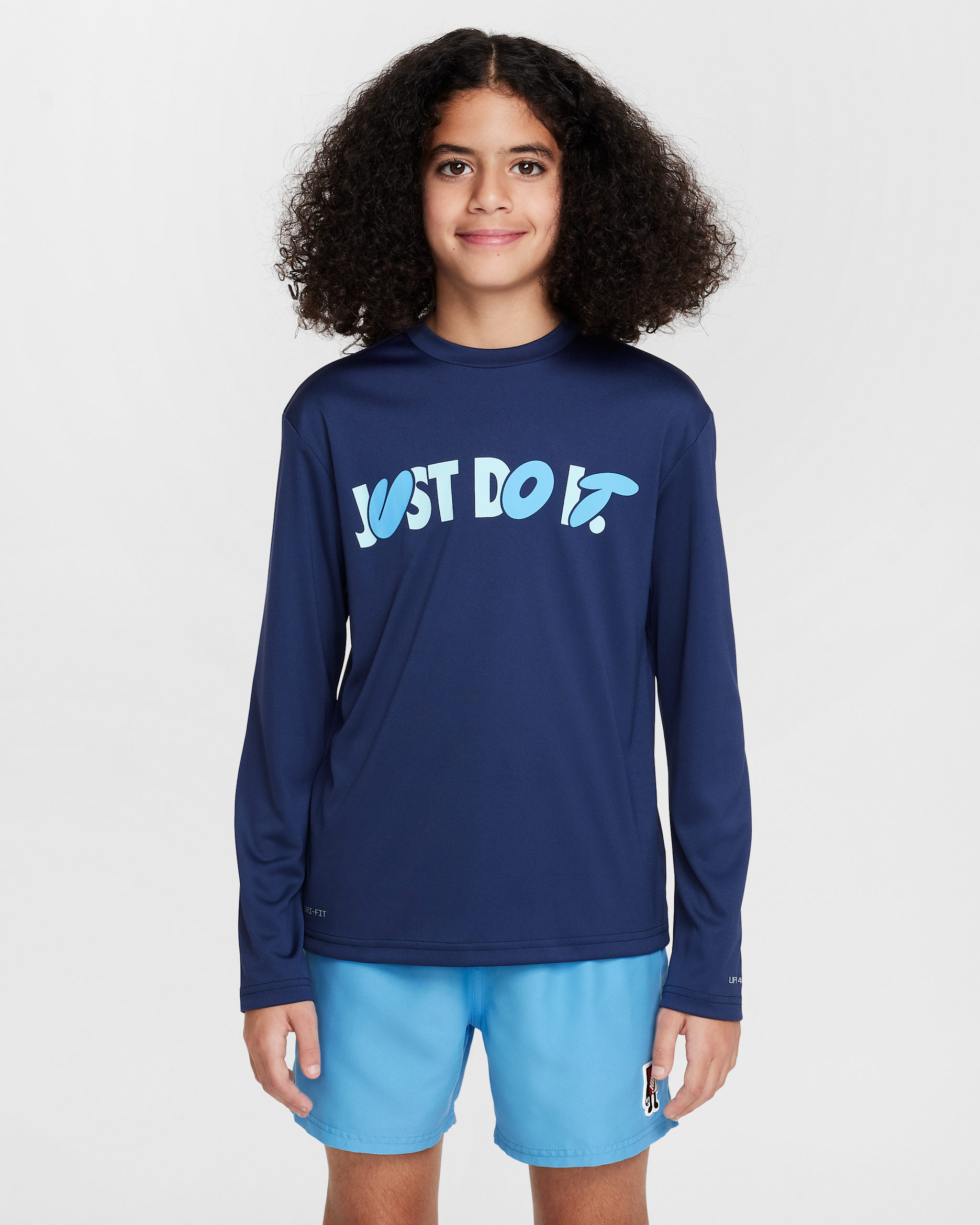 Playera de manga larga Dri-FIT para niño talla grande Nike Swim Hydroguard - Azul marino medianoche/Azul glacial/Azul universitario/Azul universitario