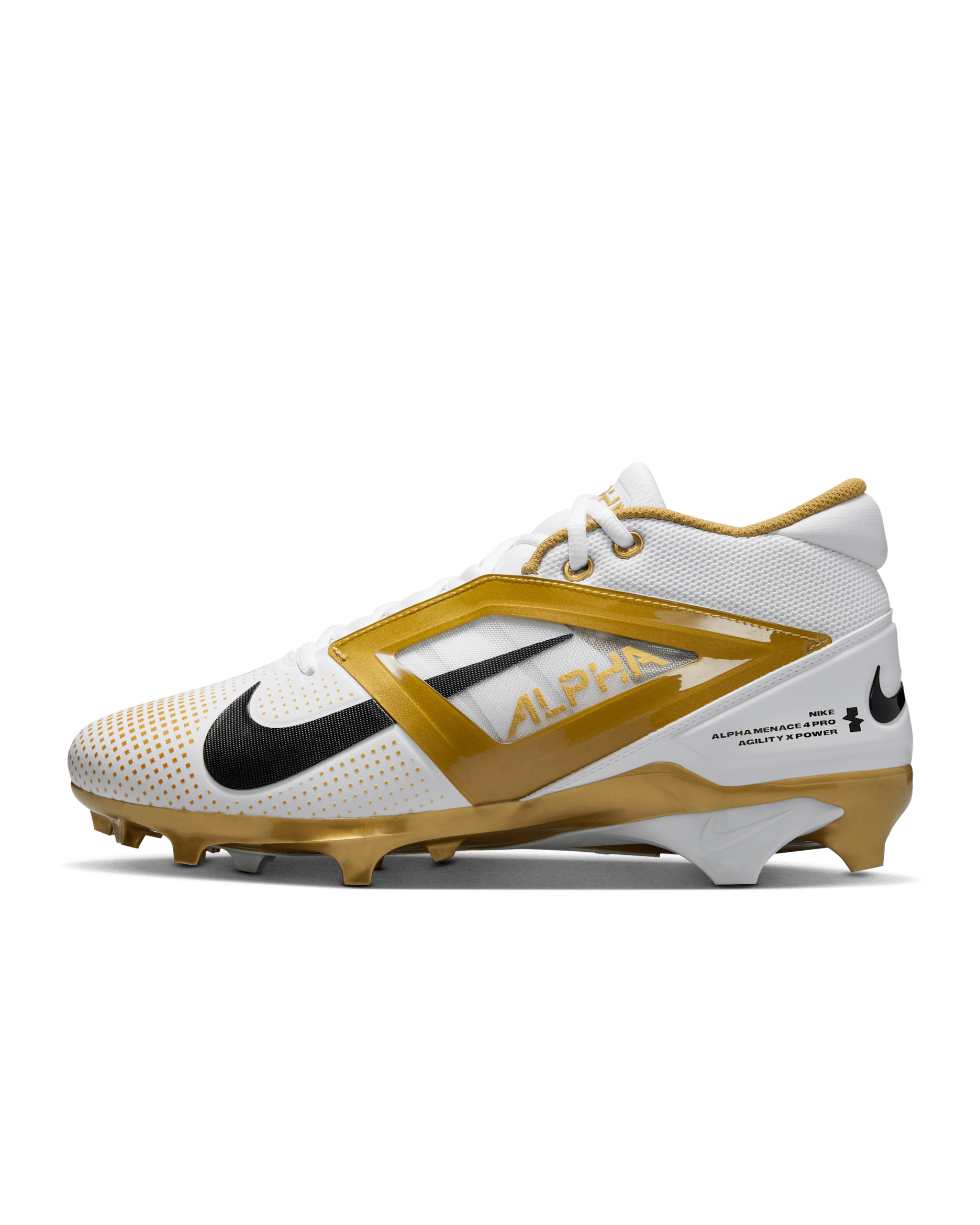 Nike Alpha Menace 4 Pro Football Cleats - White/Metallic Gold/Black
