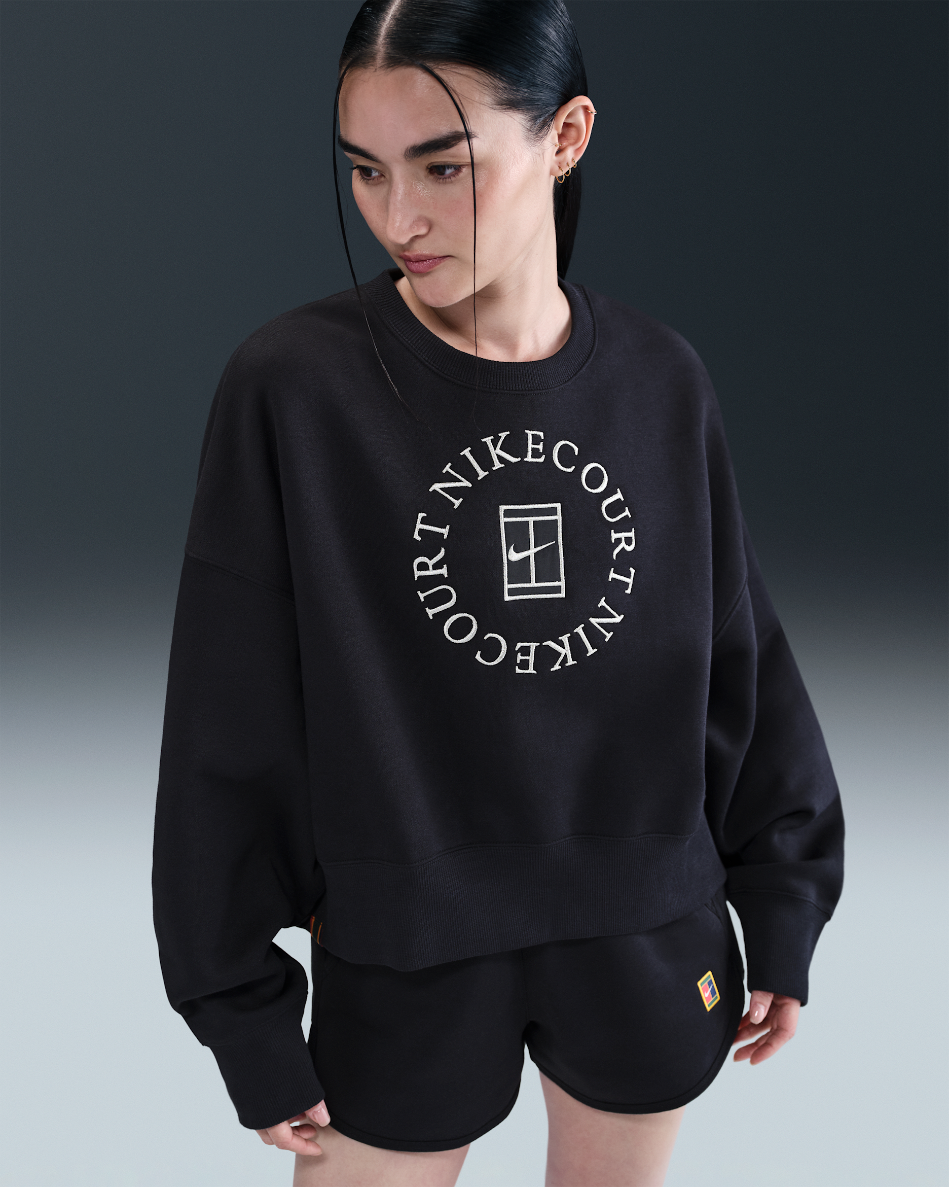 Sudadera de cuello redondo extraoversized para mujer Nike Court Heritage Phoenix Fleece - Negro/Antracita